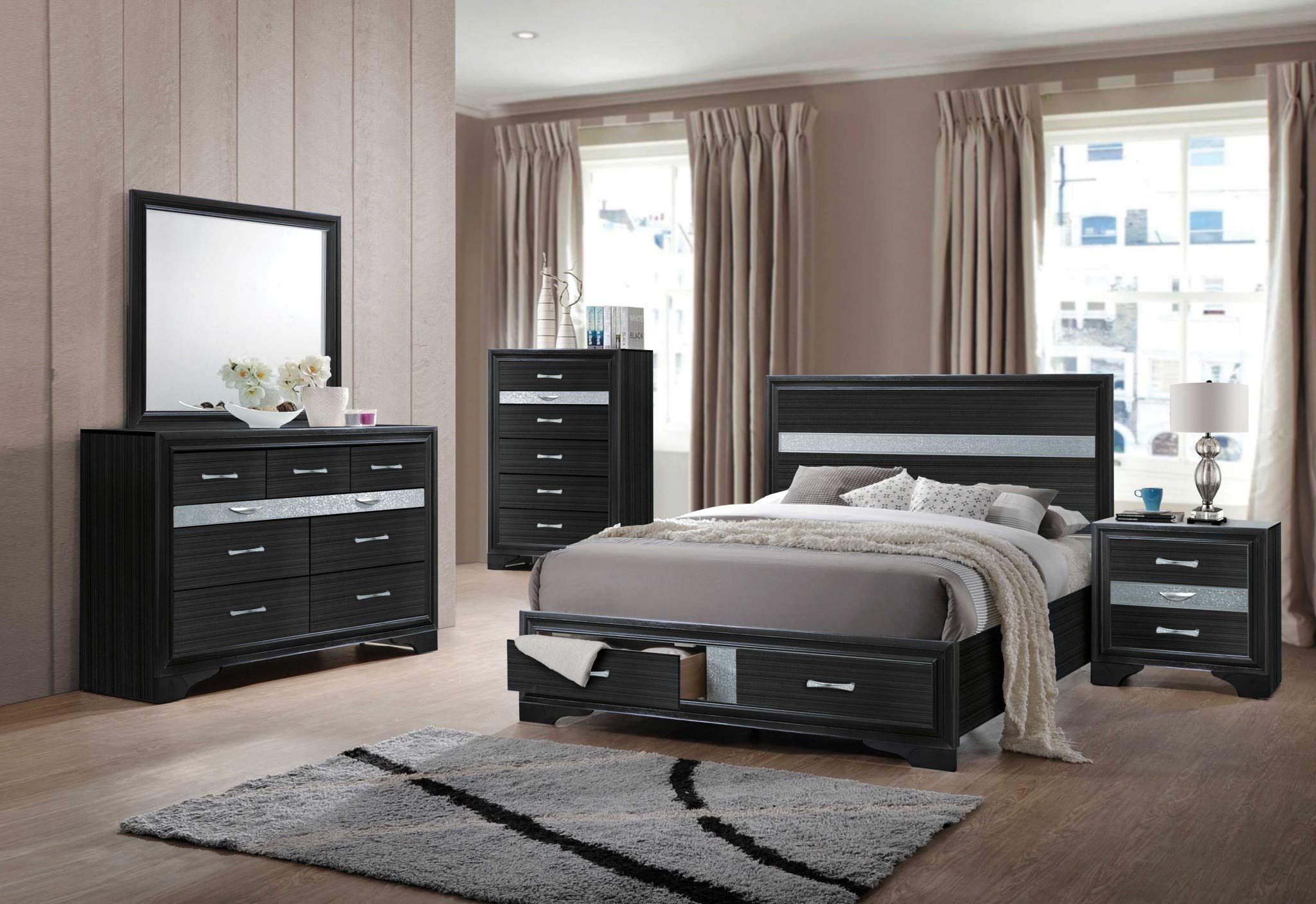 HomeRoots Wood Engineered Wood 50' X 63' X 84' Wood and Engineered Wood Queen Bed w/Storage, Black