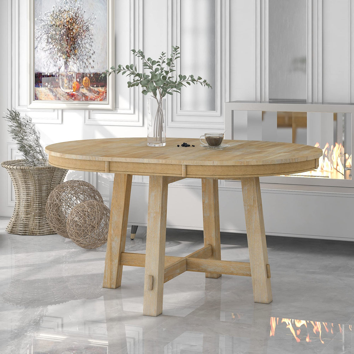 Lumisol Round Dining Table For 6, Solid Wood Extendable Kitchen Table With Removable Leaf For Small Space, Farmhouse Dinner Tabl