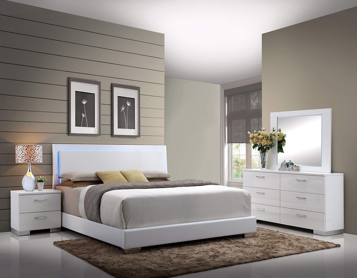 Acme Lorimar Queen Upholstered Wooden Panel Bed With Led In White