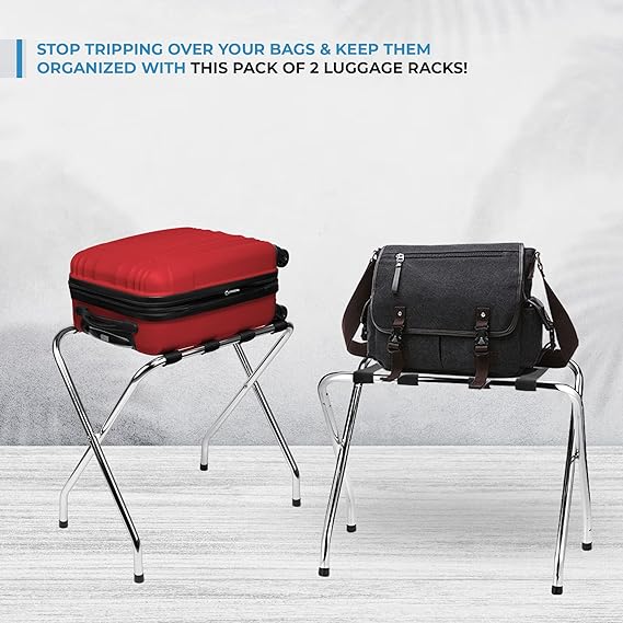 Foldable X-Shape Single-Tier Luggage Rack with Nylon Straps, Chrome Finish