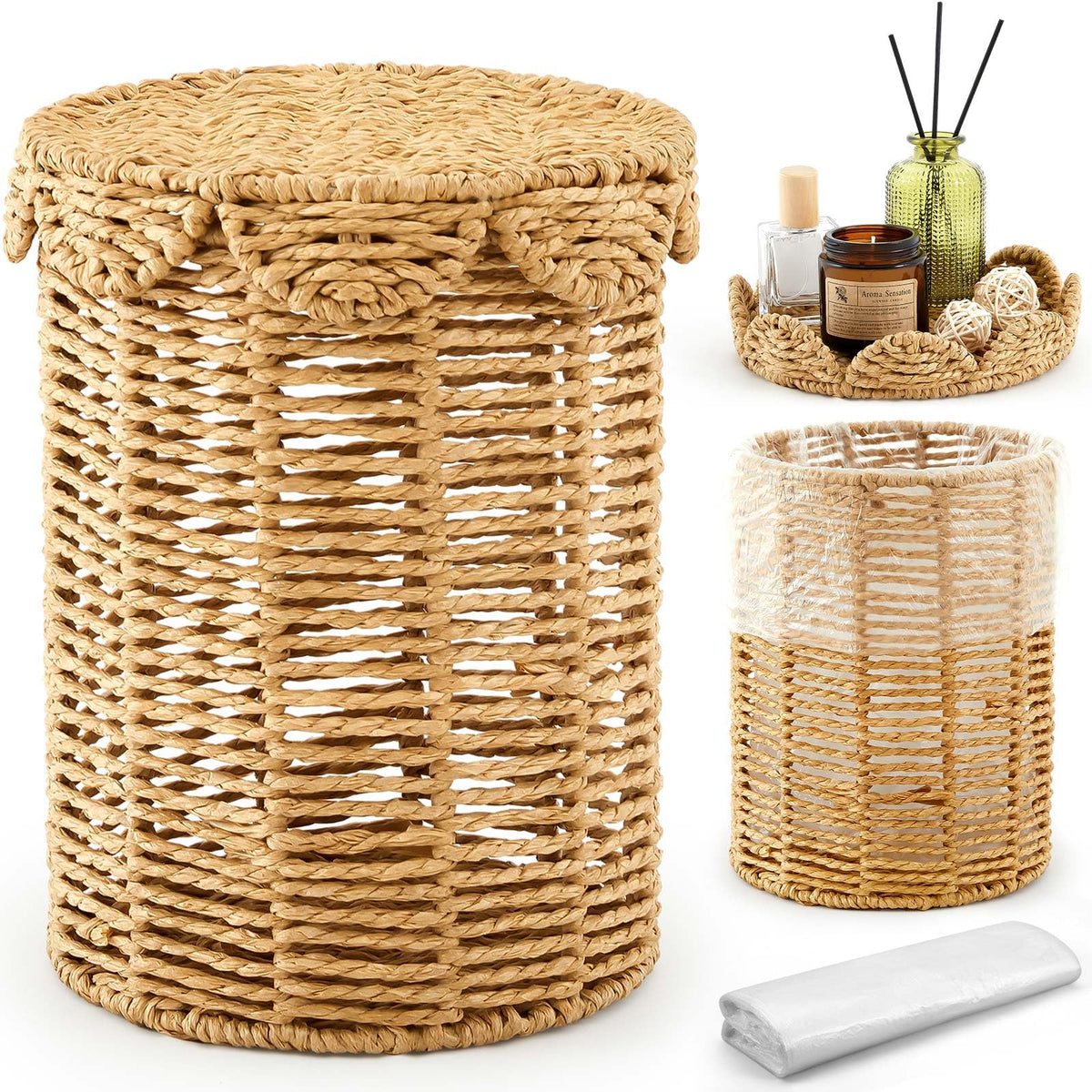 Ctosree 1.3 Gal Boho Wicker Trash Can with Lid for Bathroom, Natural