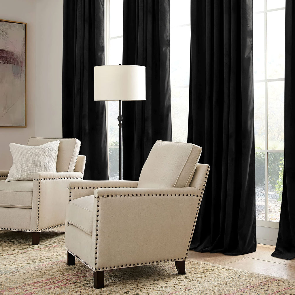 Ryb Home Black Velvet Curtains 108 Inch, Blackout Window Curtains With Pleat Tape On Top For Bedroom Thermal Insulated Privacy Ceiling Drapes For Living Room, W52 X L108 Inch, 2 Panels