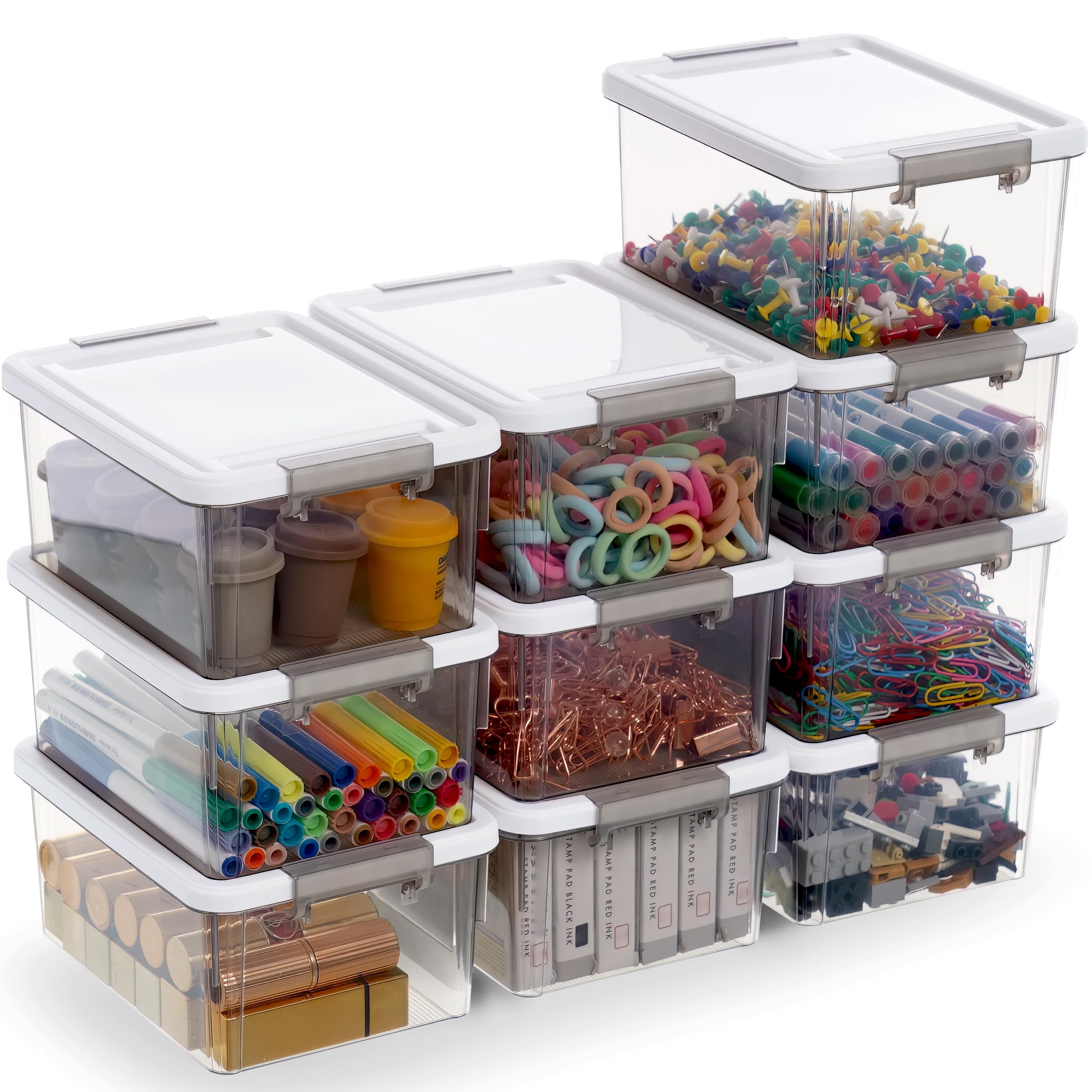 Citylife 1.3 QT 10 Pack Small Storage Bins Plastic Storage Container Stackable Box with Lids for Organizing, Clear Grey