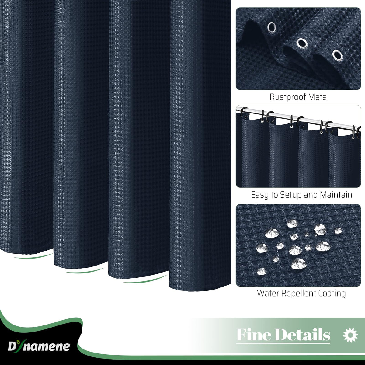 Dynamene Navy Blue Fabric Shower Curtain, Waffle Weave Textured Cloth Shower Curtains For Bathroom, Modern Hotel Luxury Shower C