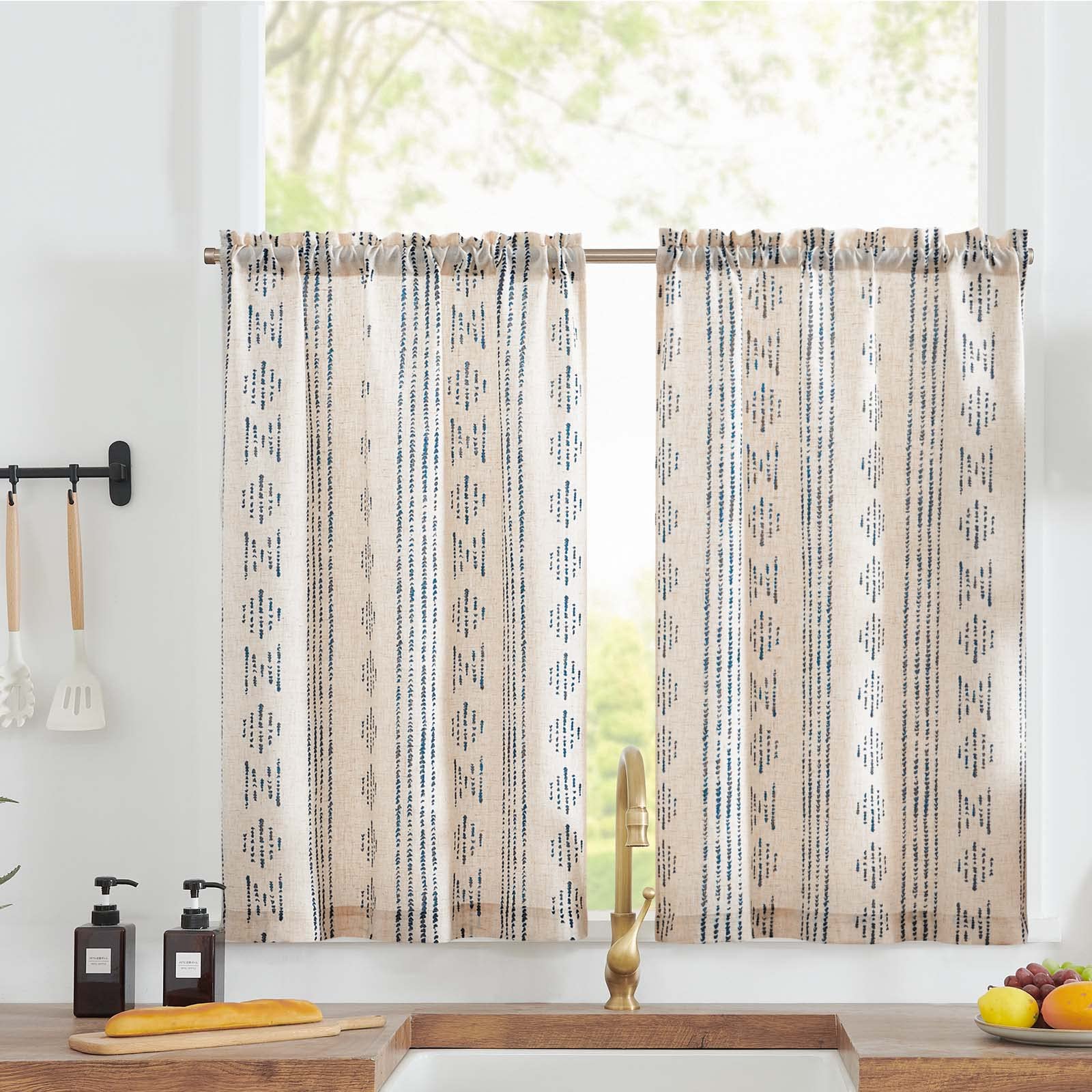JINCHAN Boho Kitchen Curtains Linen Tier Curtains 24 Inch Bohemian Cafe Curtains Geometric Striped Small Window Curtains Light F