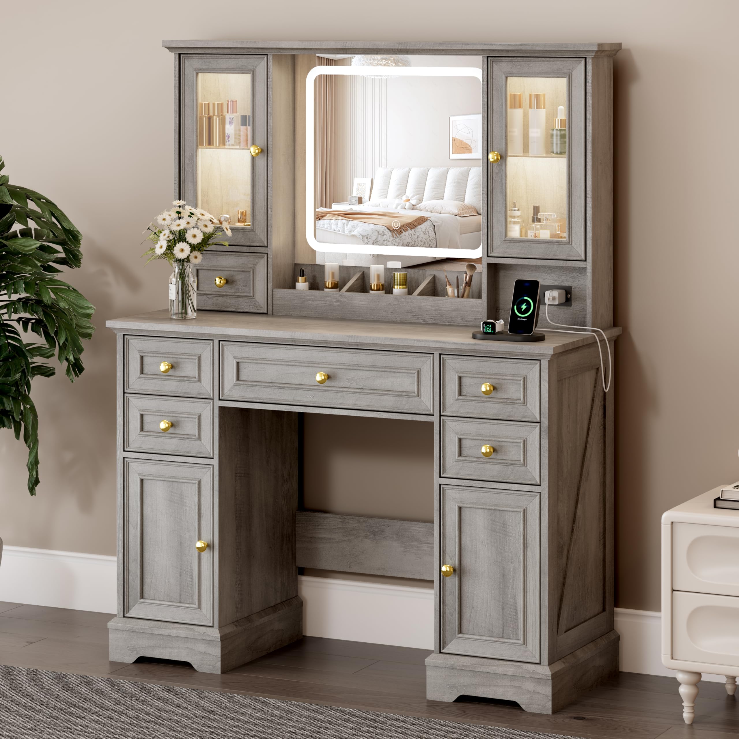 ANYMAPLE 55 Vanity Desk with Mirror & Lights, Fluted Makeup Vanity with 8 Drawers & 4 Cabinets, Tempered Glass Top, RGB Cabinet 
