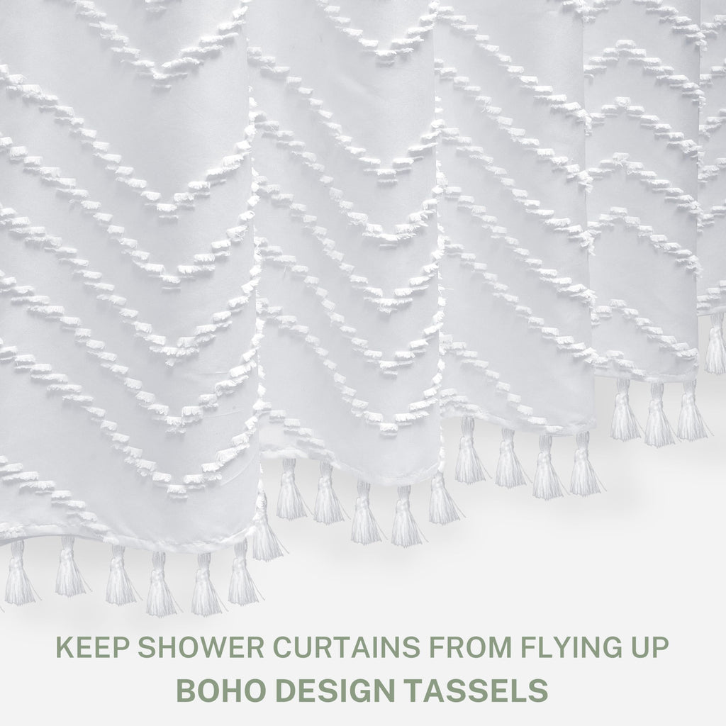 Boho Shower Curtain White Tassel Woven Fabric Shower Curtain 72 X 70 Modern Farmhouse Textured Tufted Chevron Striped Minimalist