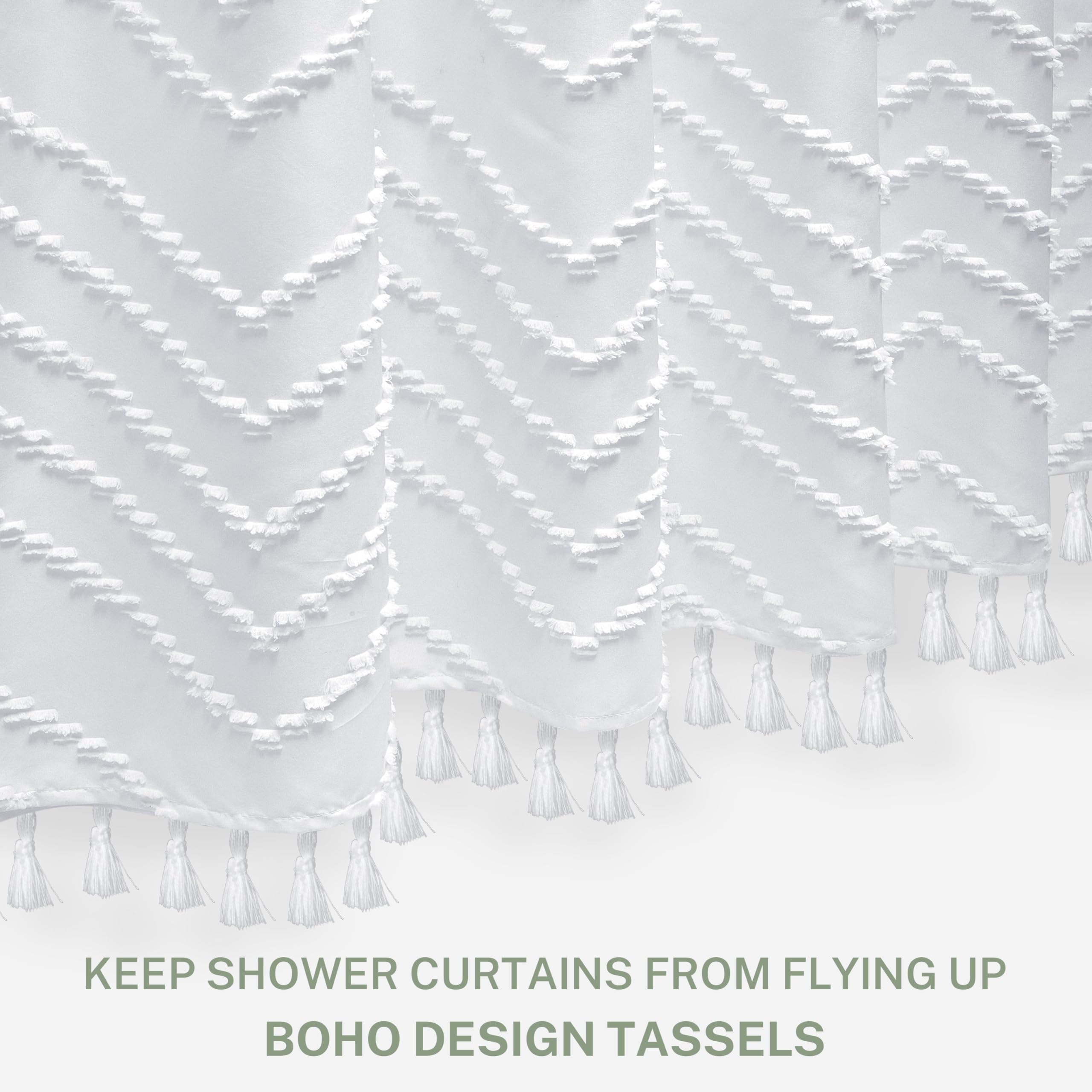 Boho Shower Curtain White Tassel Woven Fabric Shower Curtain 72 X 70 Modern Farmhouse Textured Tufted Chevron Striped Minimalist