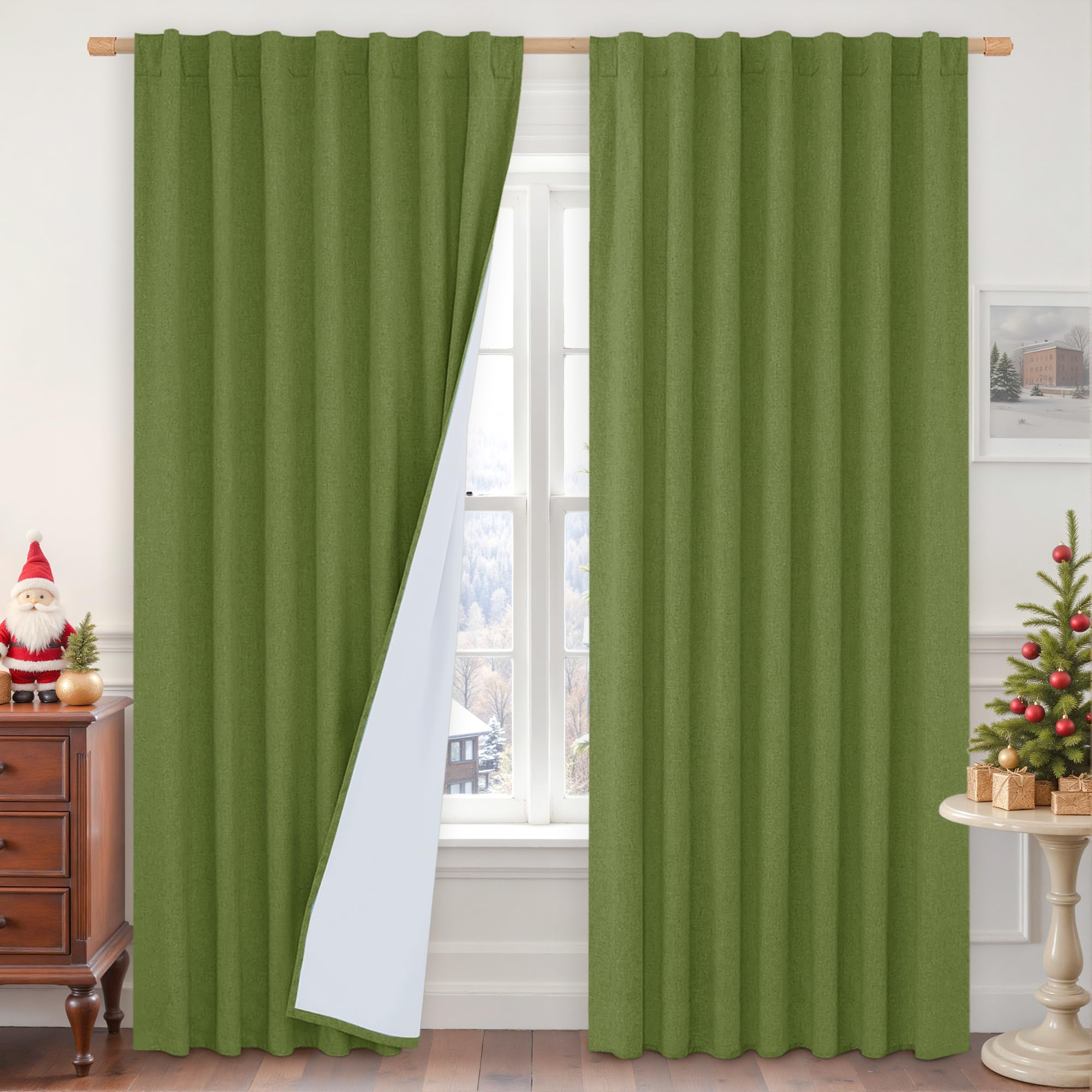 LAMIT Olive Green 100% Blackout Linen Curtains, 84 Inch Linen Textured Living Room Bedroom Drapes Room Darkening Back Tab and Ro