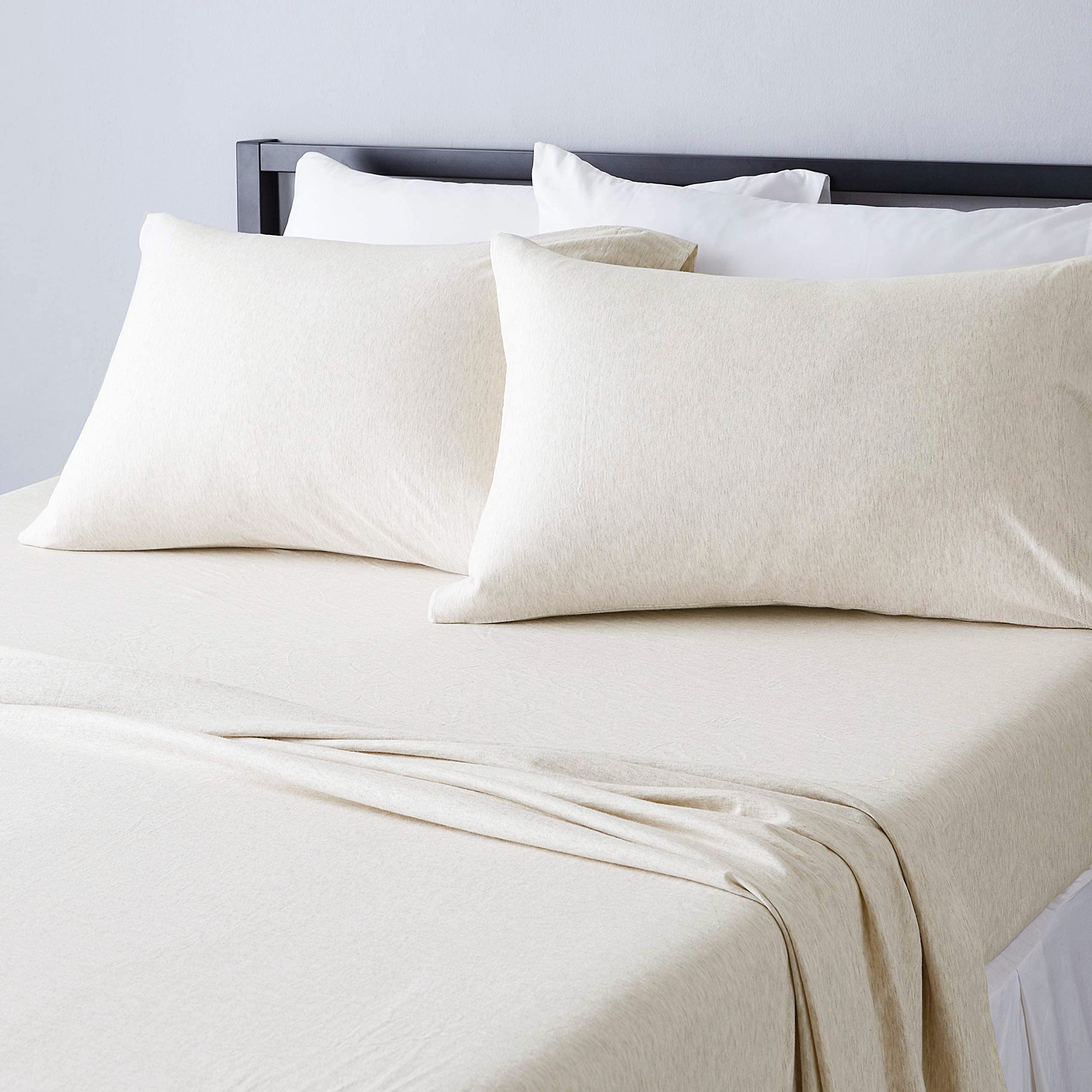 Amazon Basics 4 Piece Bed Sheets Set, 100% Cotton Jersey, Includes Super Soft, Flat and Fitted Sheets, Pillowcase, King, Oatmeal