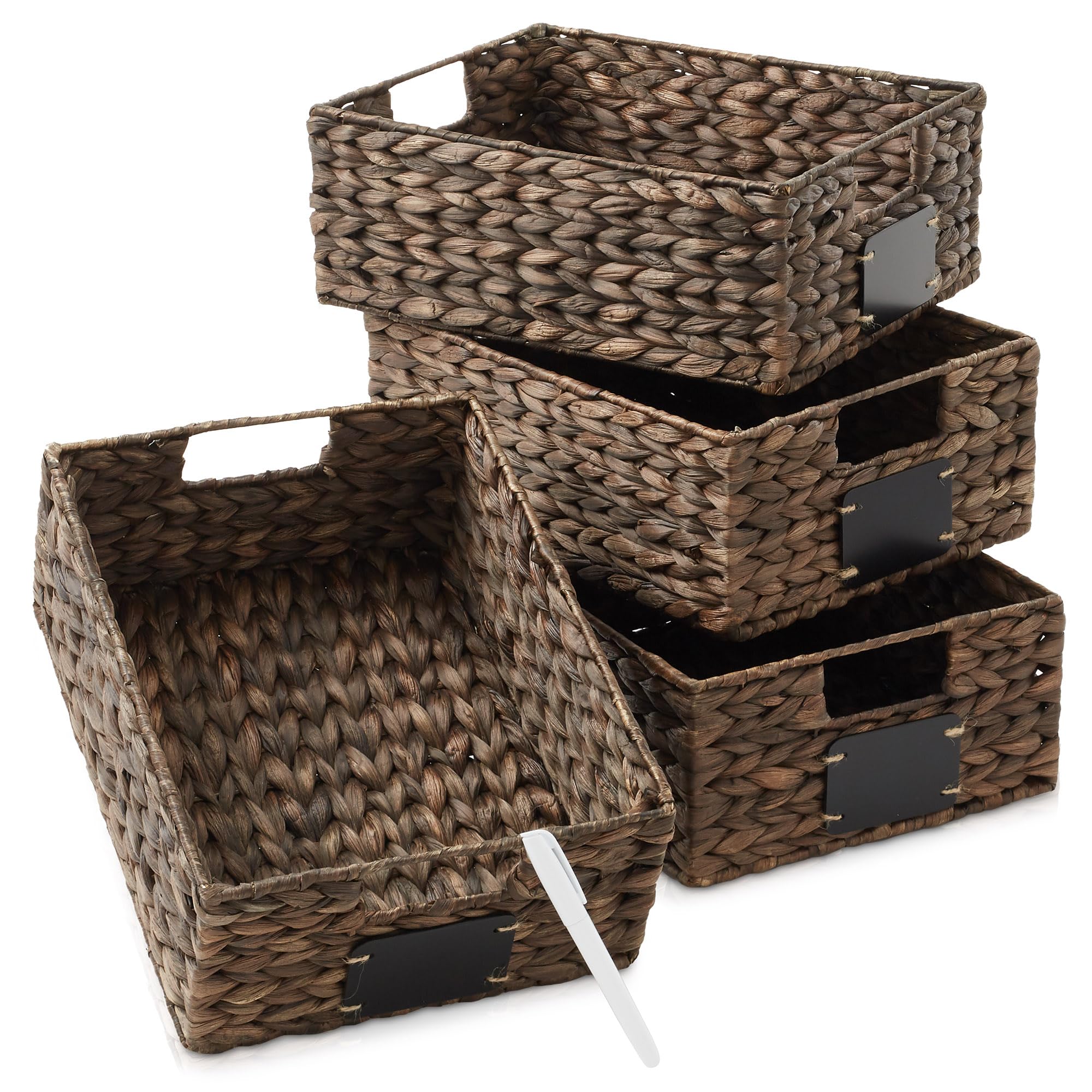 Casafield Set of 4 Water Hyacinth Pantry Baskets, 10 x 13 x 5, with Chalkboard Labels and Chalk Marker - Espresso, Woven Storage