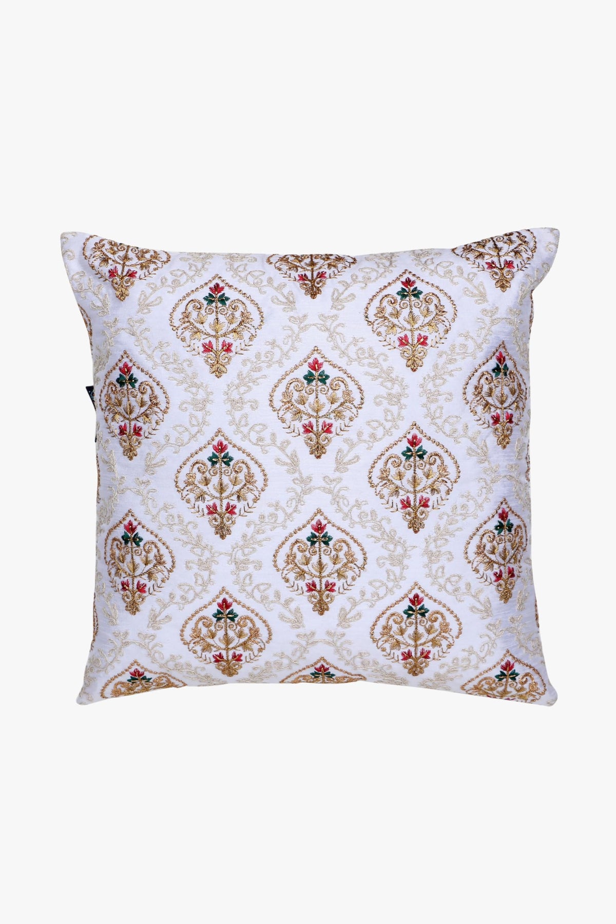 Mezposh White, Gold & Multi Damask Embroidered Faux Silk Cushion Cover (16X16)