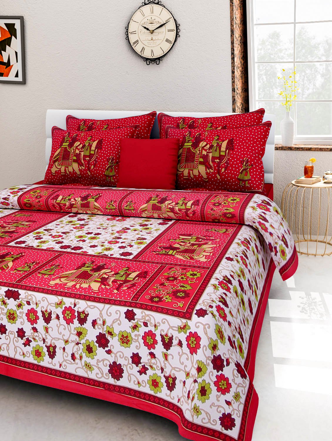 ART WORLD Queen Size Double Bed Sheet with Pillow Covers Pure Cotton Rajasthani Jaipuri Traditional Printed Bedcover (Red, Queen