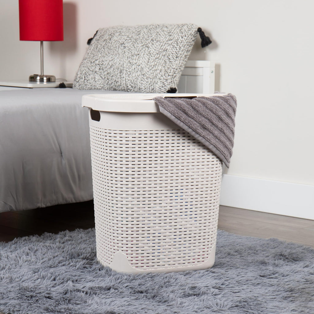 Mind Reader 50L Slim Laundry Hamper, Clothes Basket, Lid, Wicker Design, Plastic, 17.65'L X 13.75'W X 21'H, Ivory