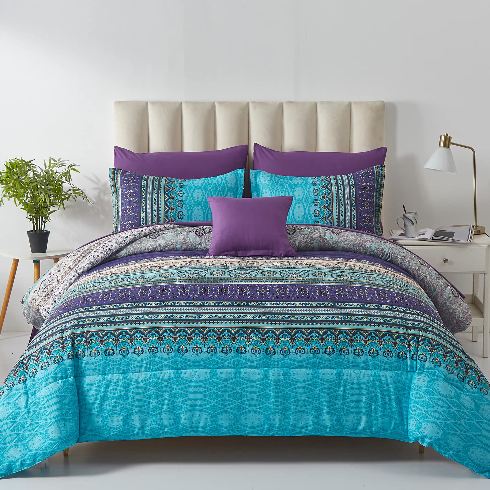 Boho Comforter Set Full Size 8 Piece Bed In A Bag Bohemian Striped Bedding Quilt Set Aqua Paisley Floral Comforter And Sheet Set