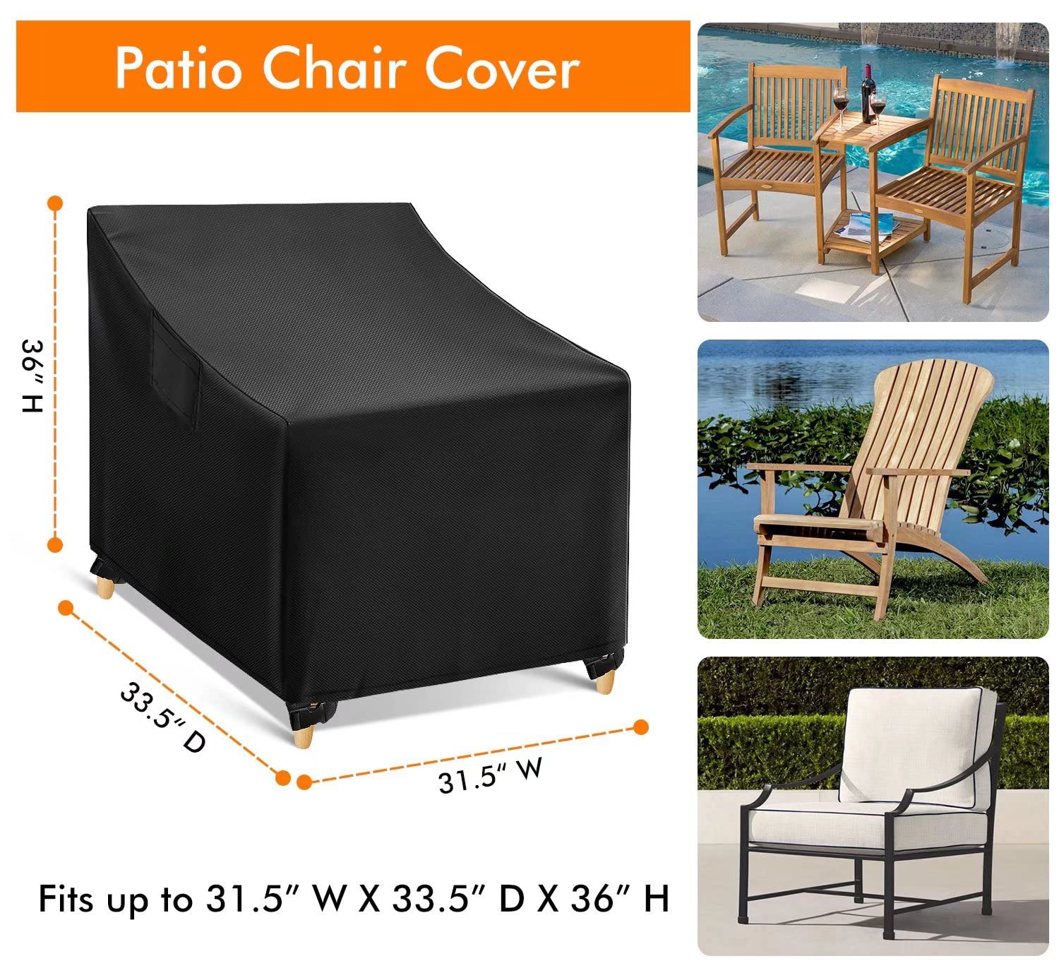 Wleafj Outdoor Chair Covers Waterproof, Black Lawn Patio Furniture Covers, Heavy Duty Patio Lounge Deep Seat Cover, 2 Pack - 31.5' W X 33.5' D X 36' H