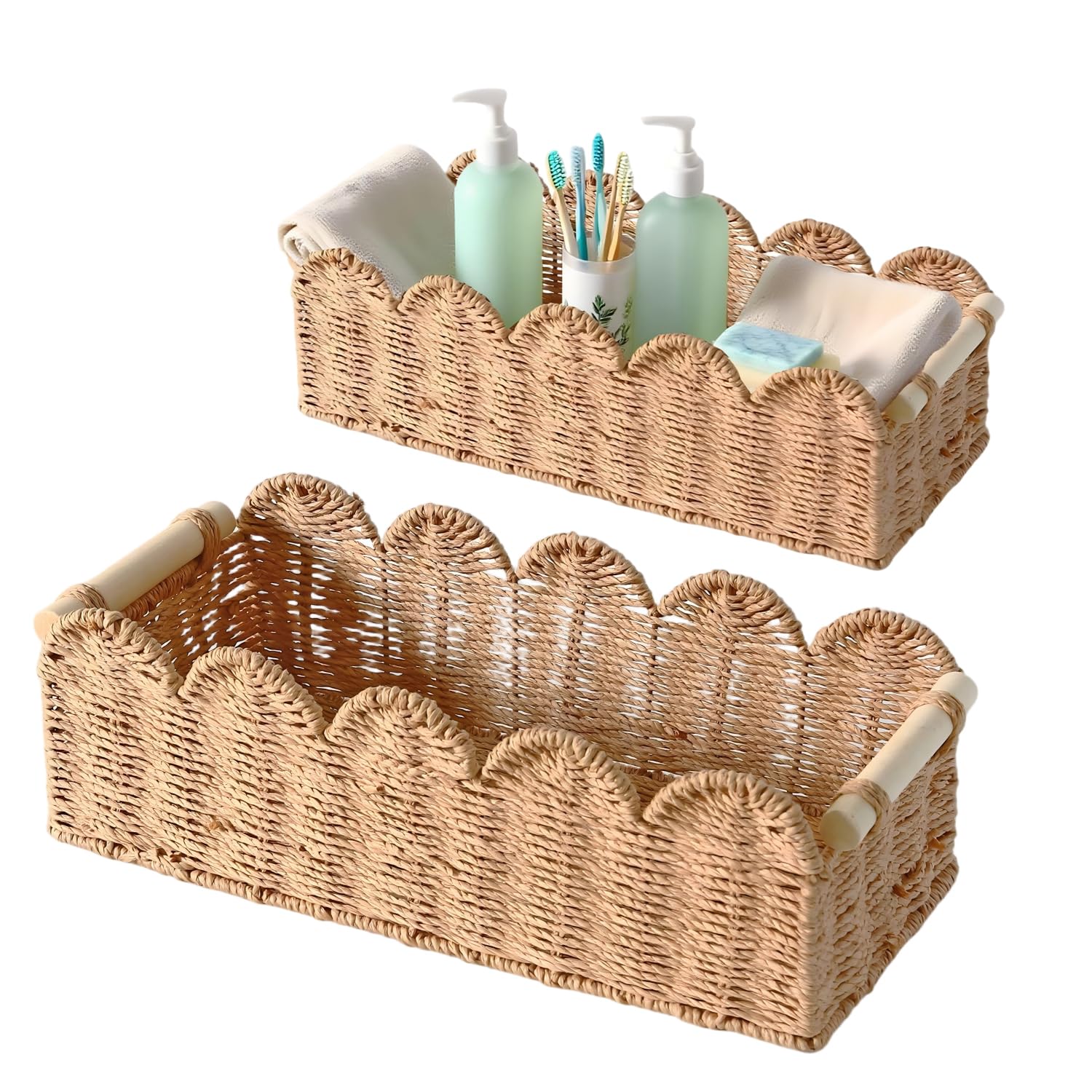 Quincry Scalloped Edge Organizer Basket for Toilet Tank Top with Wooden Handle, Wicker Storage Over Above Behind Toilet, Hand Wo