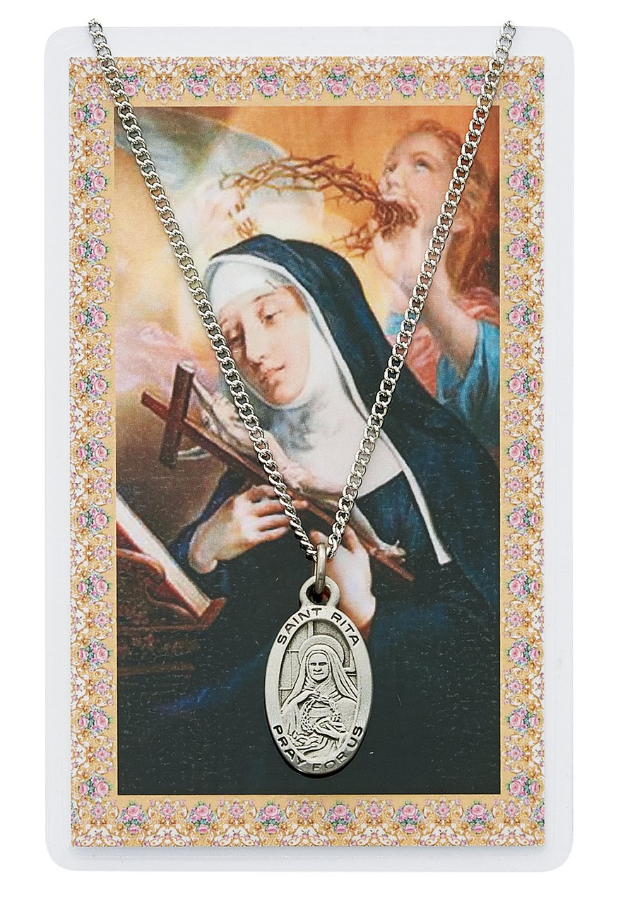Saint Rita 7/8-inch Pewter Medal Pendant Necklace with Holy Prayer Card