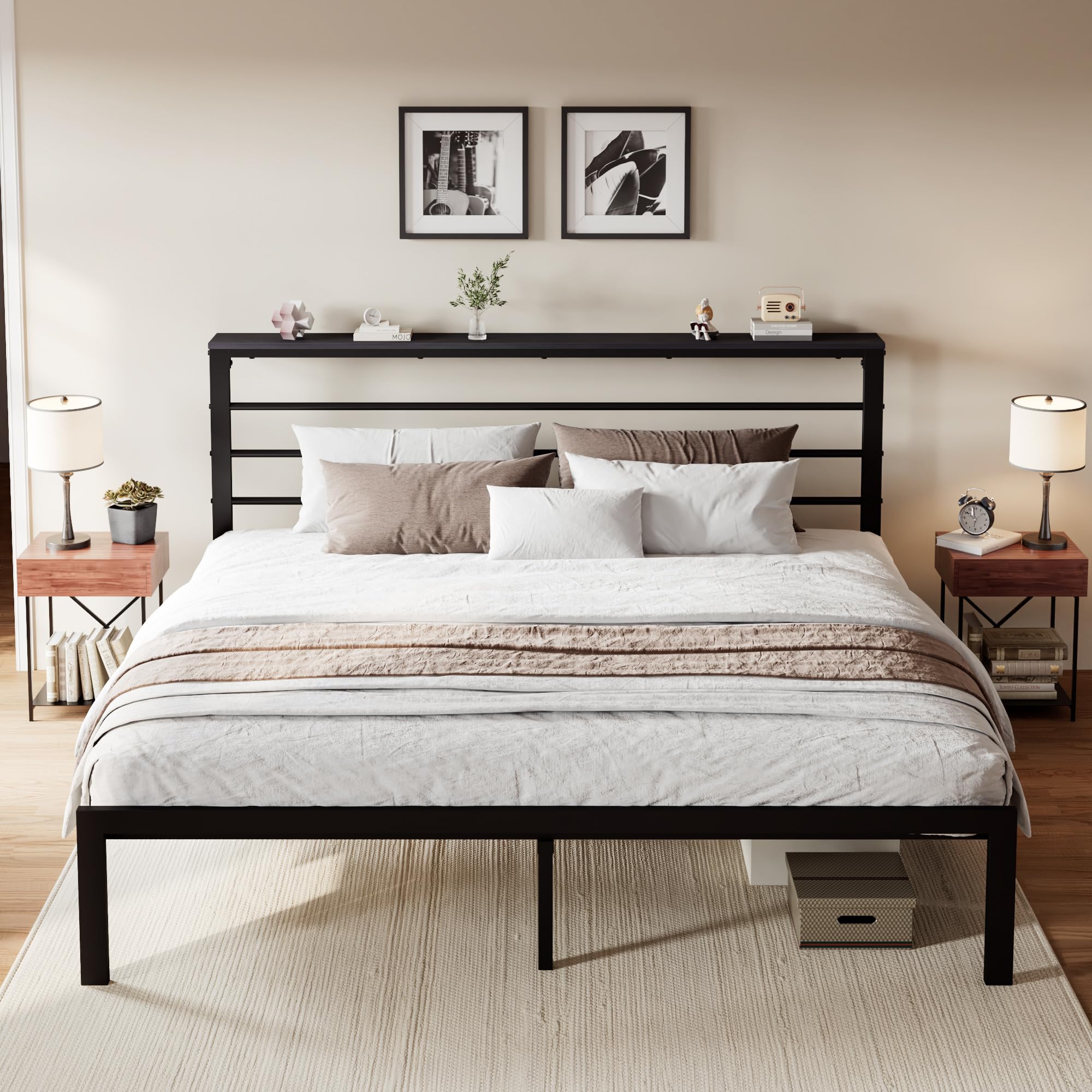 SHA CERLIN King Size Bed Frame with Headboard Shelf, Heavy Duty Platform Bed Frame with Strong Metal Foundation, No Box Spring N