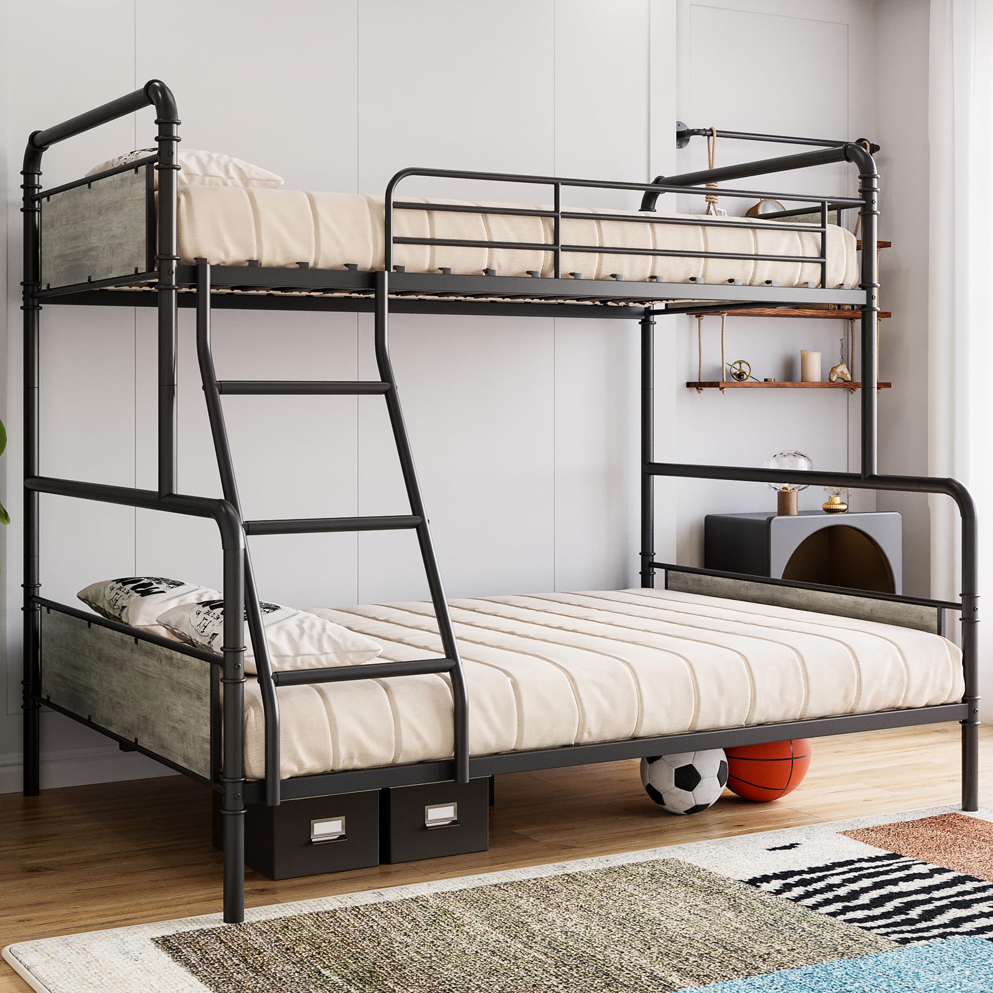 IDEALHOUSE Bunk Bed Twin Over Full Size with High Guardrail and Ladder,Twin Size Convertible Metal Bunk Beds for Kids/Teens/Adul