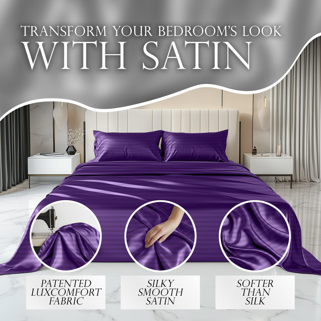 Decolure Striped Satin Sheets King Set 6Pc - Luxurious Silk Touch Satin Sheets Full - All-Season Silky Soft Full Size Bed Sheets