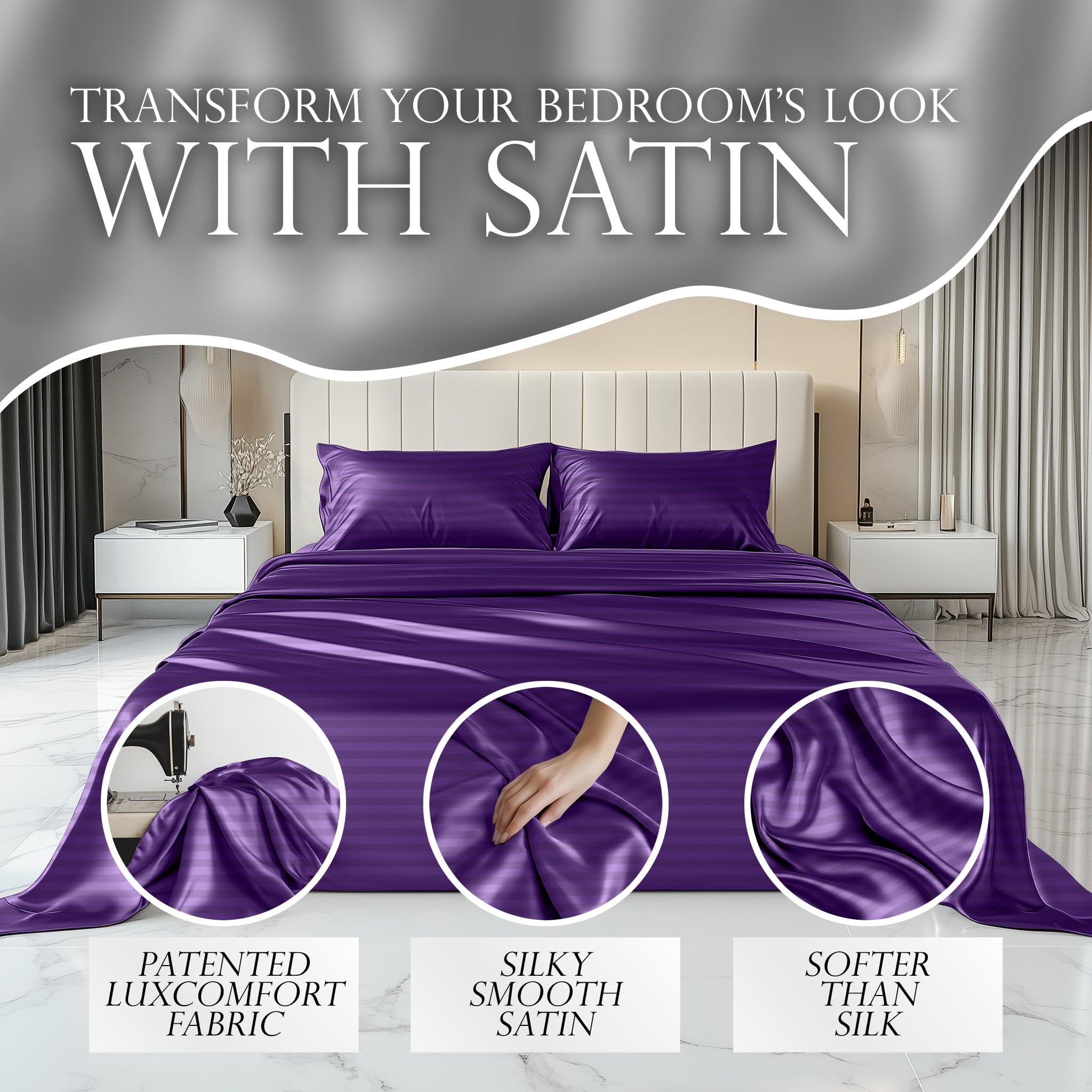 Decolure Striped Satin Sheets King Set 6Pc - Luxurious Silk Touch Satin Sheets Full - All-Season Silky Soft Full Size Bed Sheets