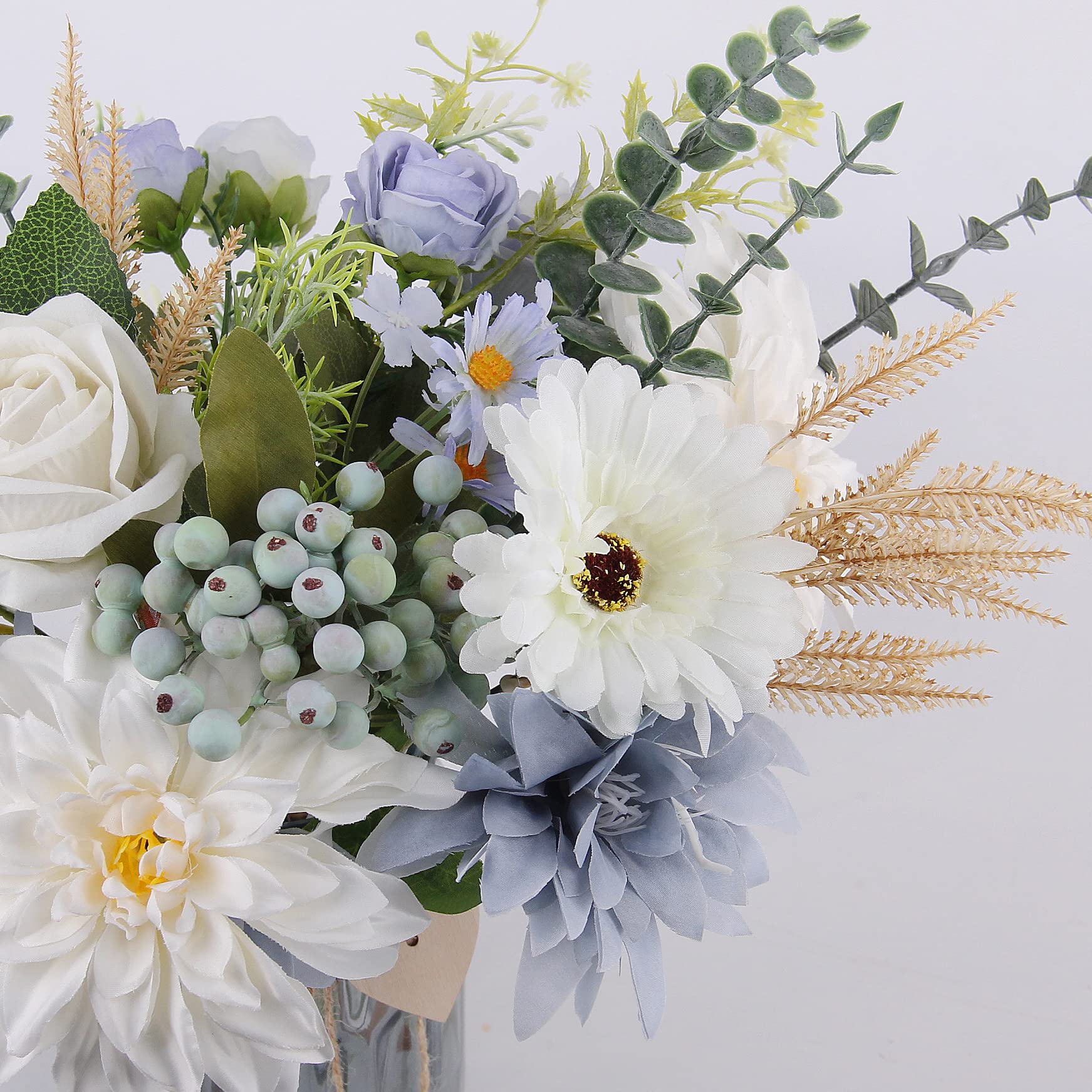 Faux Flowers In Vase, Artificial Flowers In Vase, Table Centerpieces For Dining Room, Silk Dusty Blue Rose Flower Centerpieces F