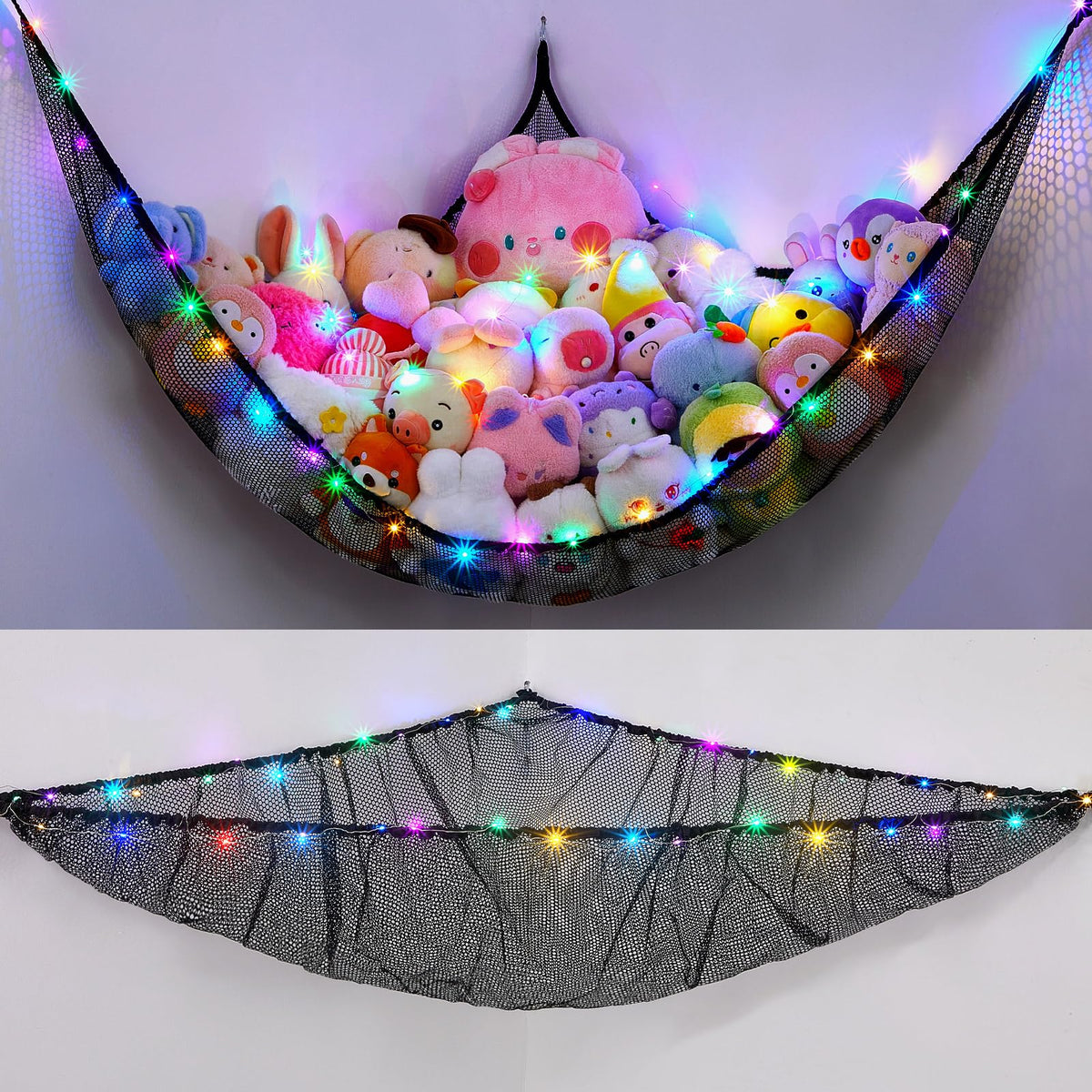 Unicorn Castle Stuffed Animals Net or Hammock Kids Toy Storage Organizer with LED Light Hanging Corner Stuffed Animals Holder Ki