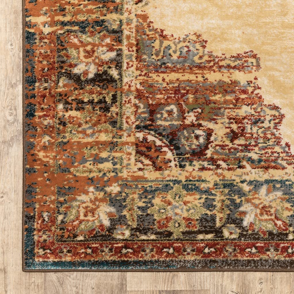 HomeRoots Polypropylene 8’ x 10’ Gold and Orage Floral MedallionArea Rug