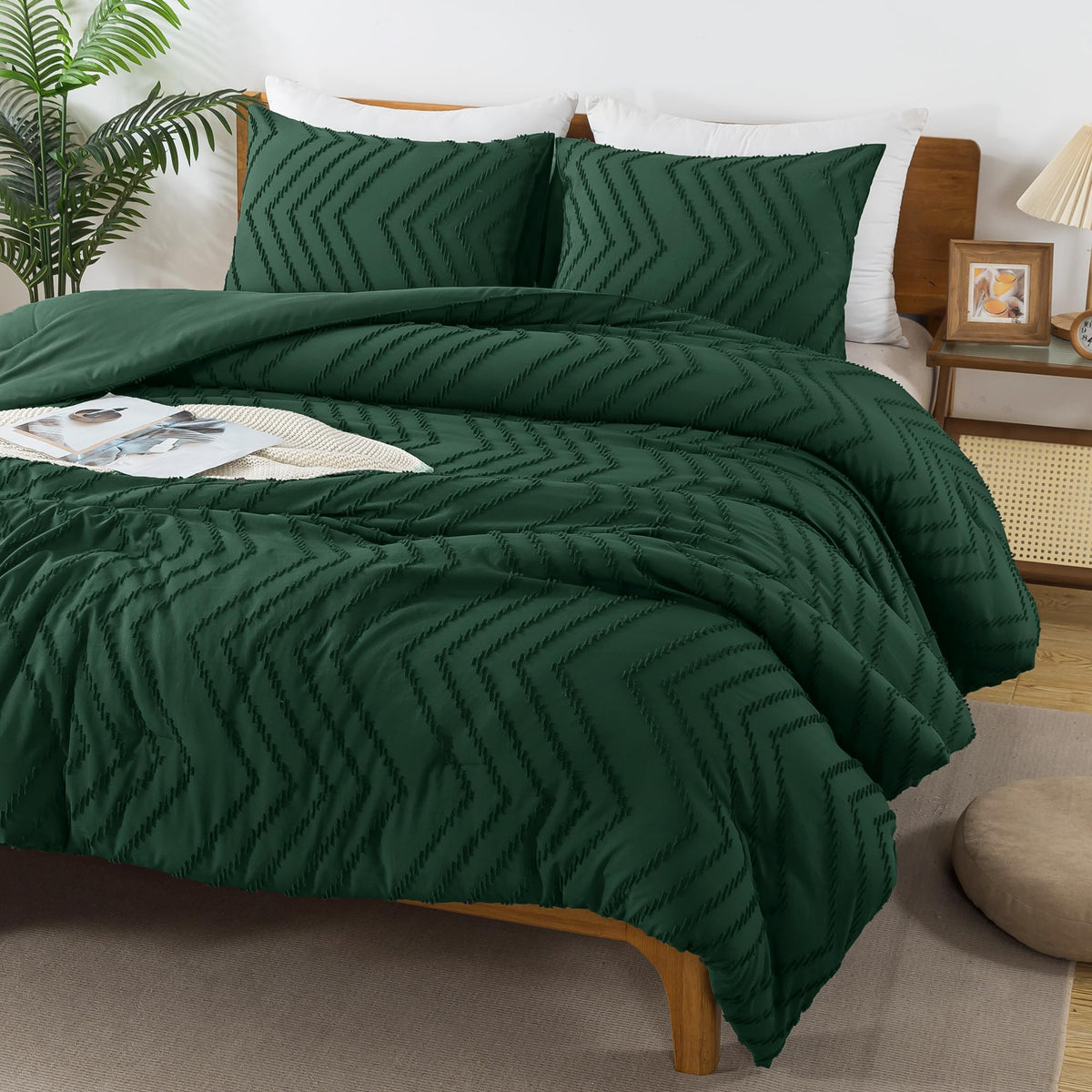 Andency Emerald Green Comforter Set Full Size, Boho Dark Green Soft Warm Bedding Comforter Sets For Full Bed, 3 Pieces Forest Gr