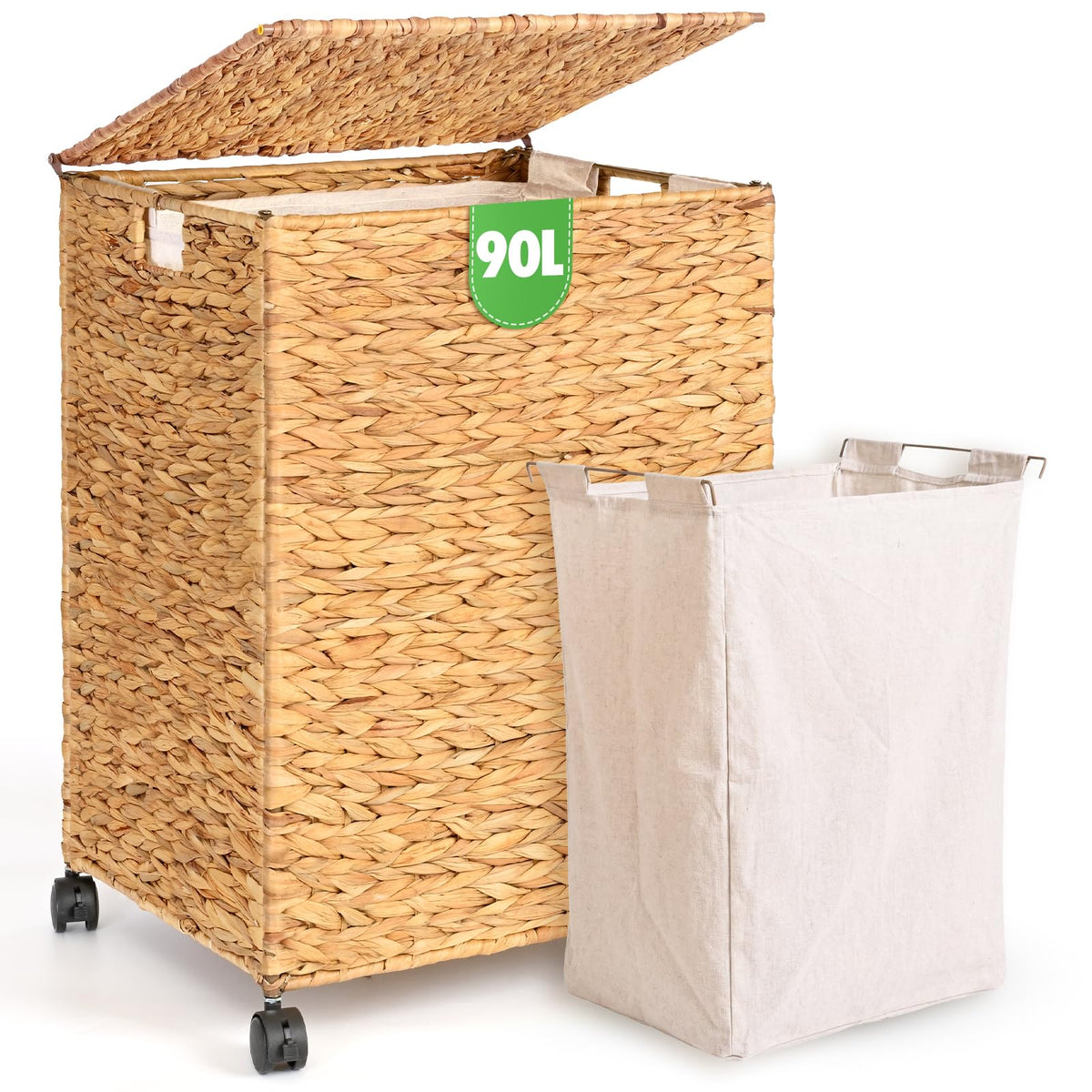 Livole Wicker Laundry Hamper with Lid & Wheel, Rattan Laundry Basket, 90L