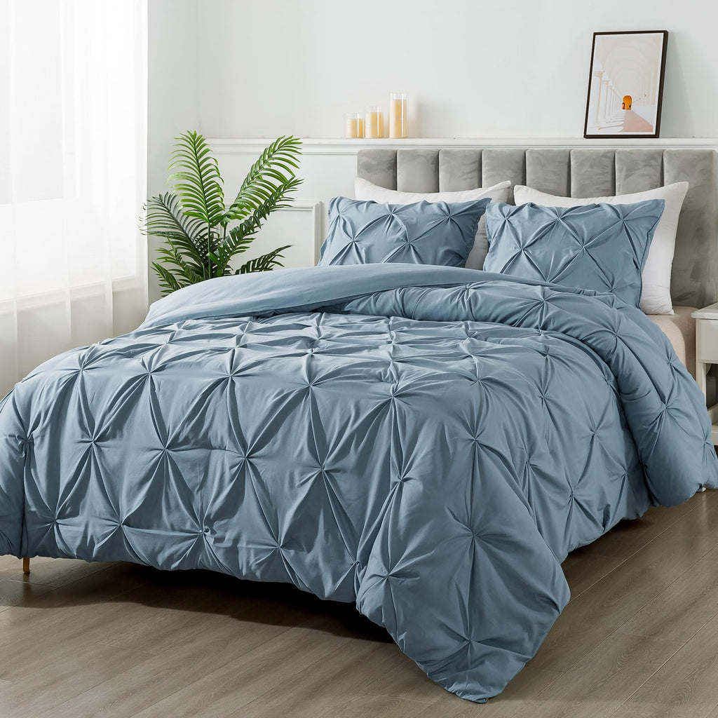 Andency Grayish Blue Pinch Pleat Comforter Full(79X90Inch), 3 Pieces(1 Pintuck Comforter And 2 Pillowcases) Solid Soft Down Alte