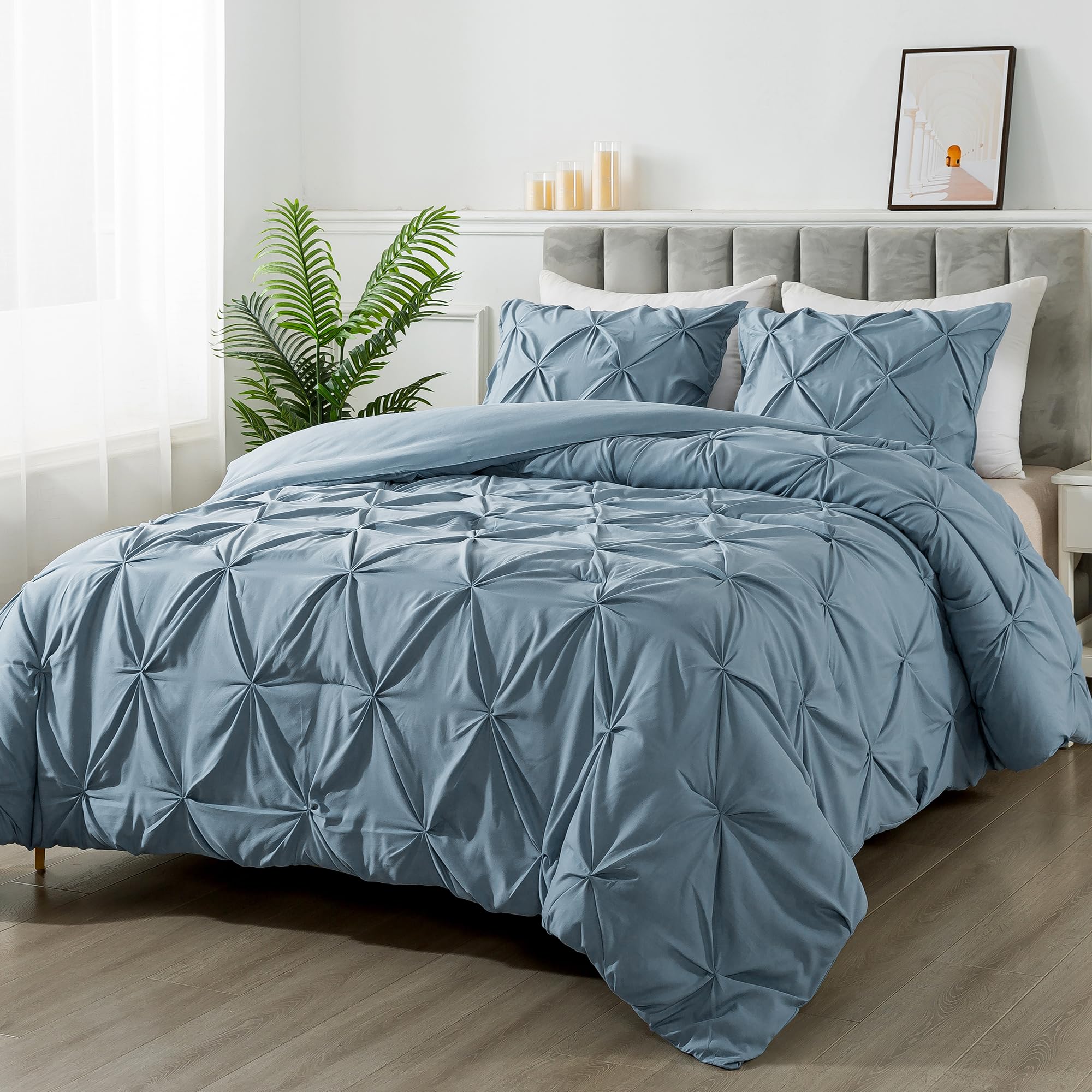 Andency Grayish Blue Pinch Pleat Comforter Full(79X90Inch), 3 Pieces(1 Pintuck Comforter And 2 Pillowcases) Solid Soft Down Alte