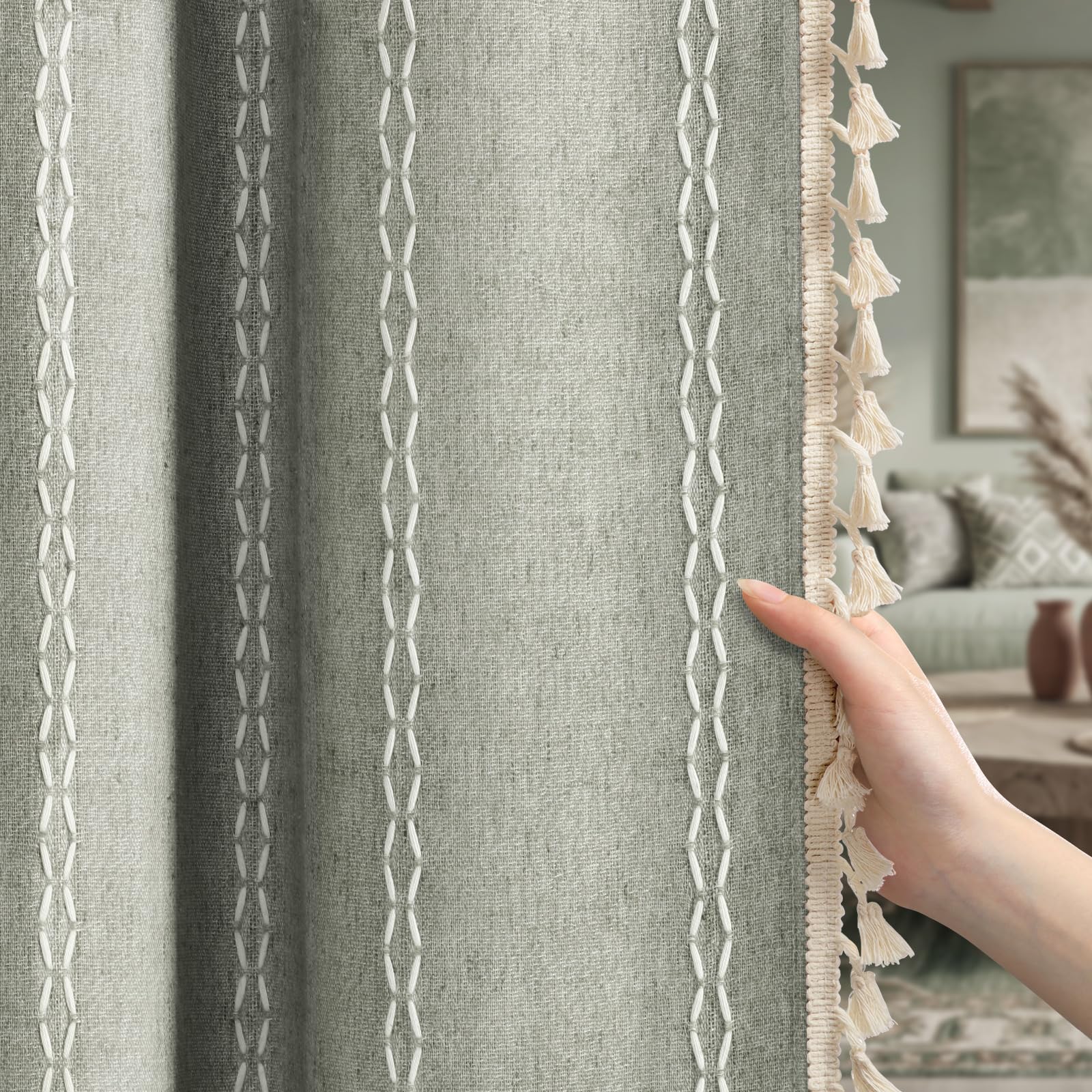 XOGUIBO Sage Green Boho Blackout Curtains 2 Panels 84 Inch for Living Room Bedroom, Linen Texture Farmhouse Curtains with Tassel
