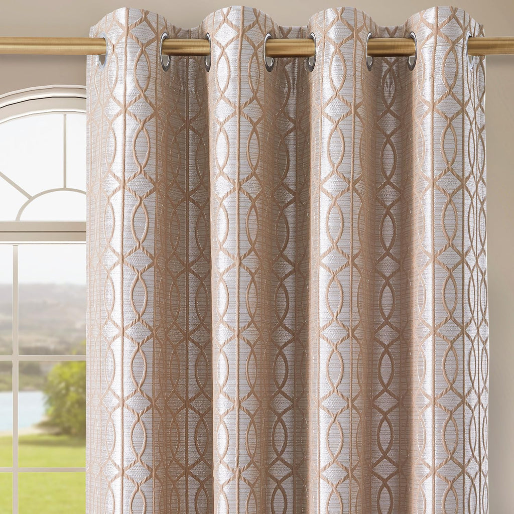 Light Khaki and Silvery 100% Blackout Curtains 63 Inch Length 2 Panels, Jacquard Thermal Insulated Noise Reducing Grommet Drapes