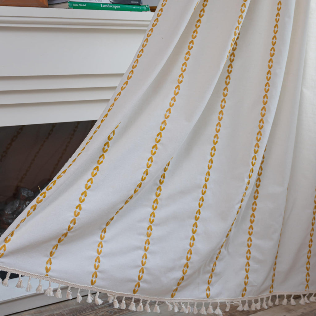 Sutuo Home Boho Curtains For Bedroom Living Room 108 Inches Long,Semi Blackout Farmhouse Tassels Vintage Bohemian Embroidery Drape, Rod Pocket 1 Panel 52' W X 108' L, White And Gold