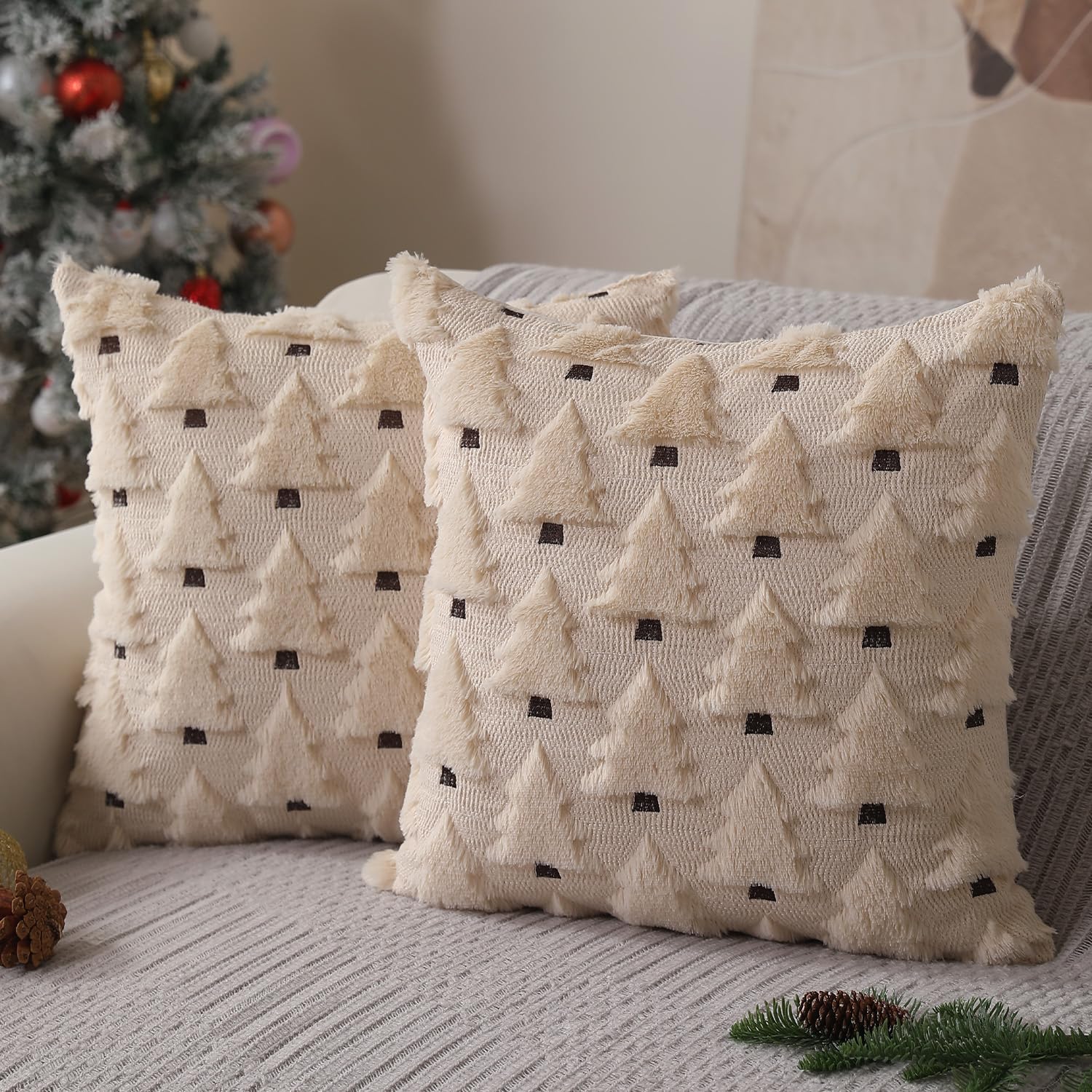Allorry Christmas Pillow Covers 18X18 Inch Set Of 2 Beige Christmas Tree Throw Pillow Cases Decorations Soft Plush Faux Fur Wool