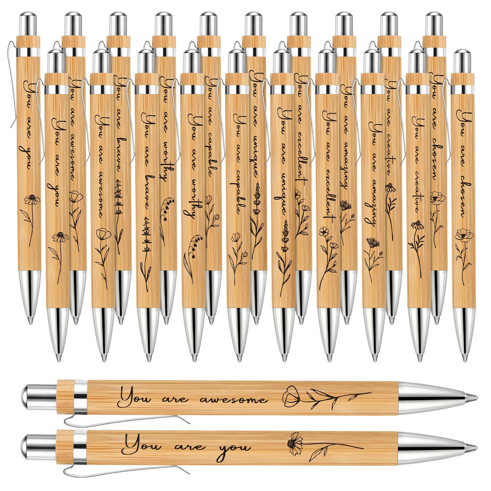 Watersay 20 Pcs Inspirational Bamboo Pens Flower Ballpoint Pens Bulk with Black Ink Employee Appreciation Thank You Gift for Wom