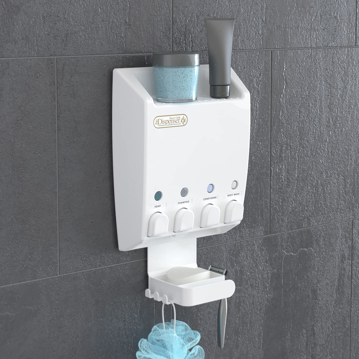 Better Living Ulti-Mate 4 Shower Caddy with Shampoo & Soap Dispenser, White, 4 x 14.5 fl. oz - Bathroom Organizer and Storage Solution