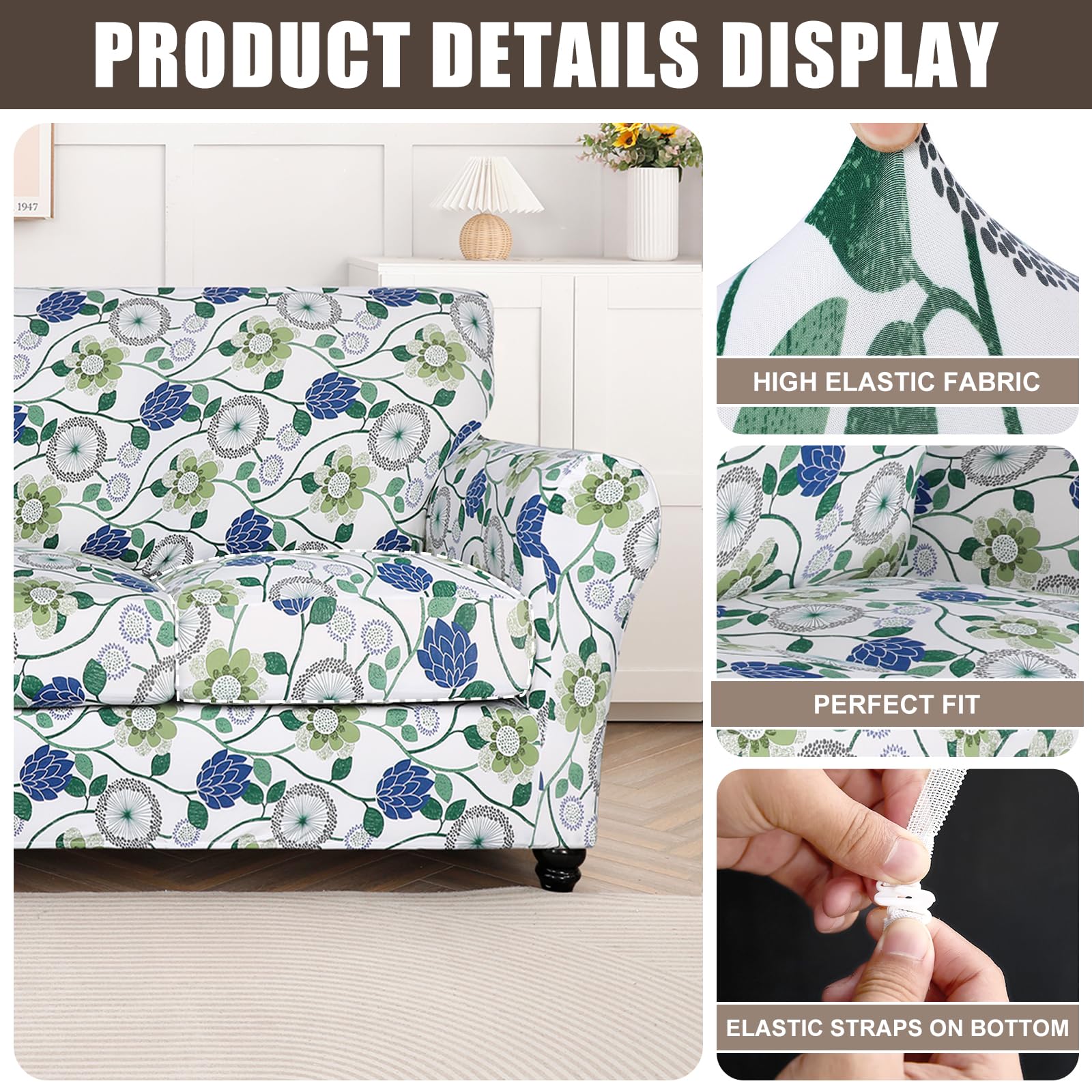 Searchi Stretch Sofa Cover Printed Couch Cover, Floral Pattern 4 Pieces Sofa Slipcover With 3 Separate Cushion Cover, Washable Furniture Protector For Living Room(Sofa, Green Flowers)