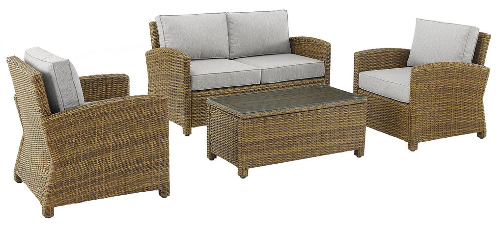 Crosley Furniture Bradenton 4-Piece Outdoor Loveseat Patio Furniture Set, Wicker Conversation Sets for Porch, Brown with Gray Cushions