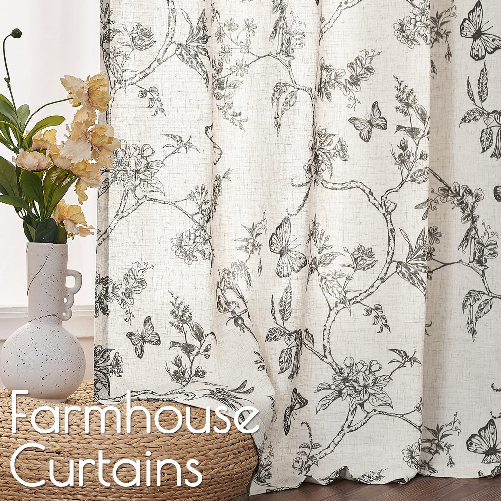 Lazzzy Farmhouse Linen Curtains Black Floral Curtains 108 Inch Length Back Tab Drapes For Living Room Bedroom Light Filtering Co