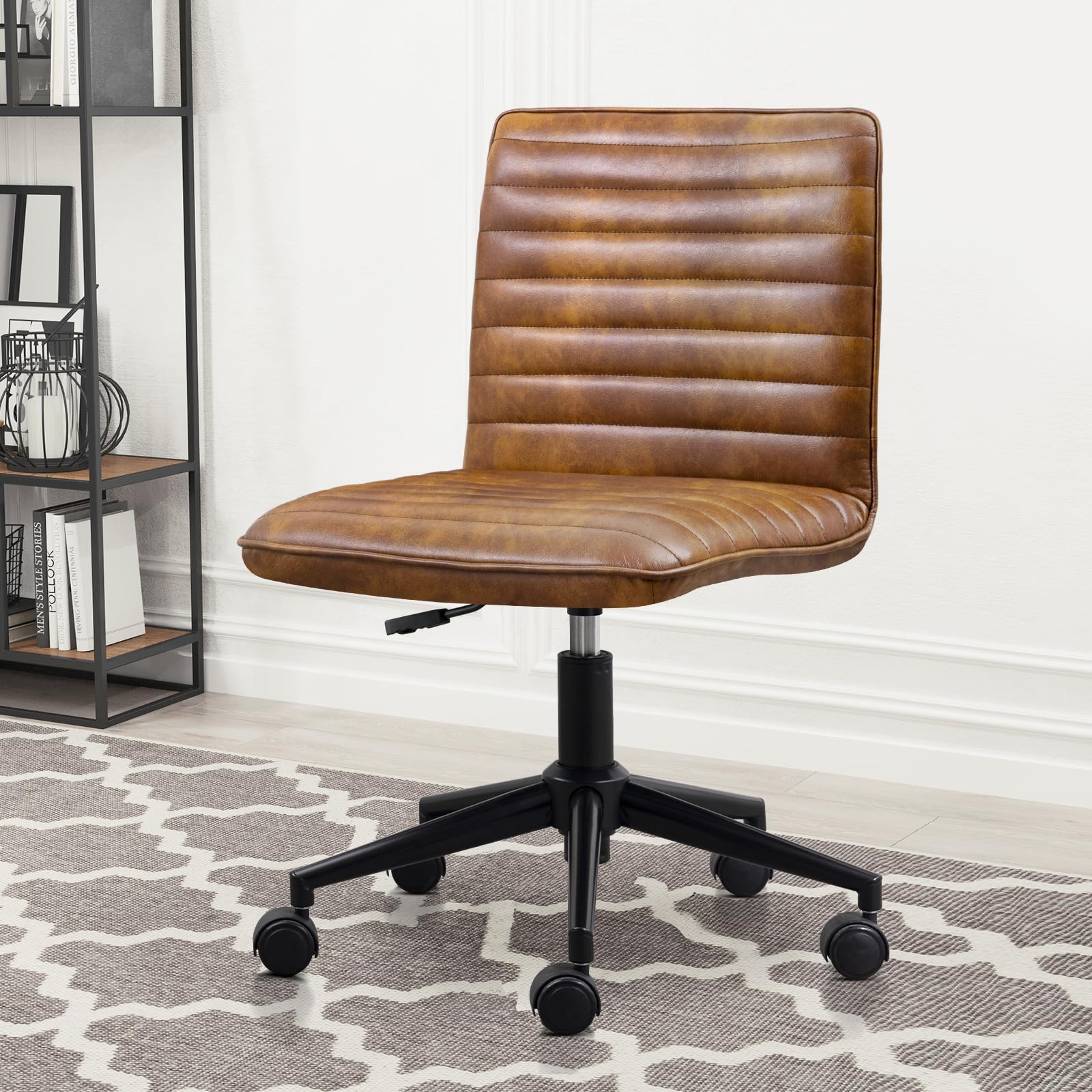 Furniliving Leather Office Chair with Wheels Armless Vanity Desk Chair 360 Swivel Computer Rolling Chair with Mid Back, Height A
