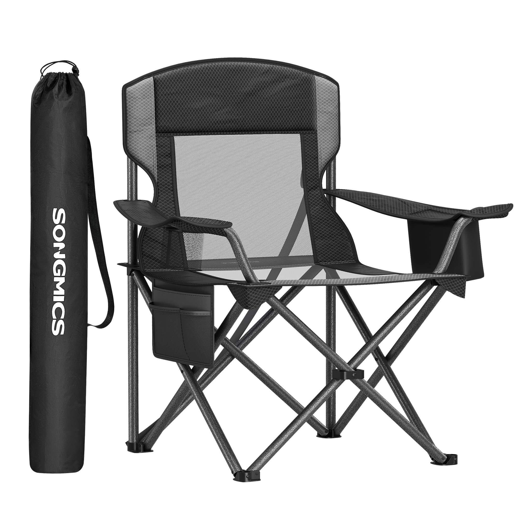 SONGMICS Camping Chair, Folding Lawn Chair with Cooler Bag, 352 lb Weight Capacity, Adjustable Armrests with Cup Holder, Storage