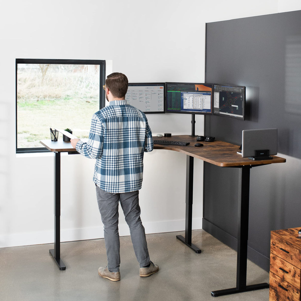 Vivo Electric Height Adjustable 71 X 71 Inch Curved Corner Stand Up Desk, Rustic Vintage Brown Table Top, Black Frame, Memory Controller, L-Shaped Workstation, E3C Series, Desk-Kit-E3Cbn