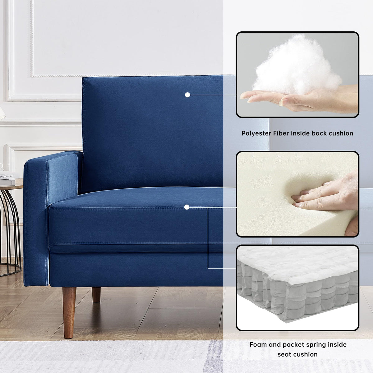 American Furniture Classics Blue 57 Inch Wide Upholstered Two Cushion Loveseat with Square Arms Velvet, 57" x 32" x 37"