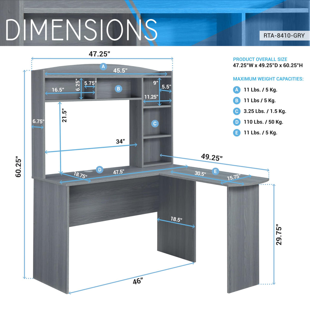 Techni Mobili Modern Hutch L-Shaped Computer Desk, Grey
