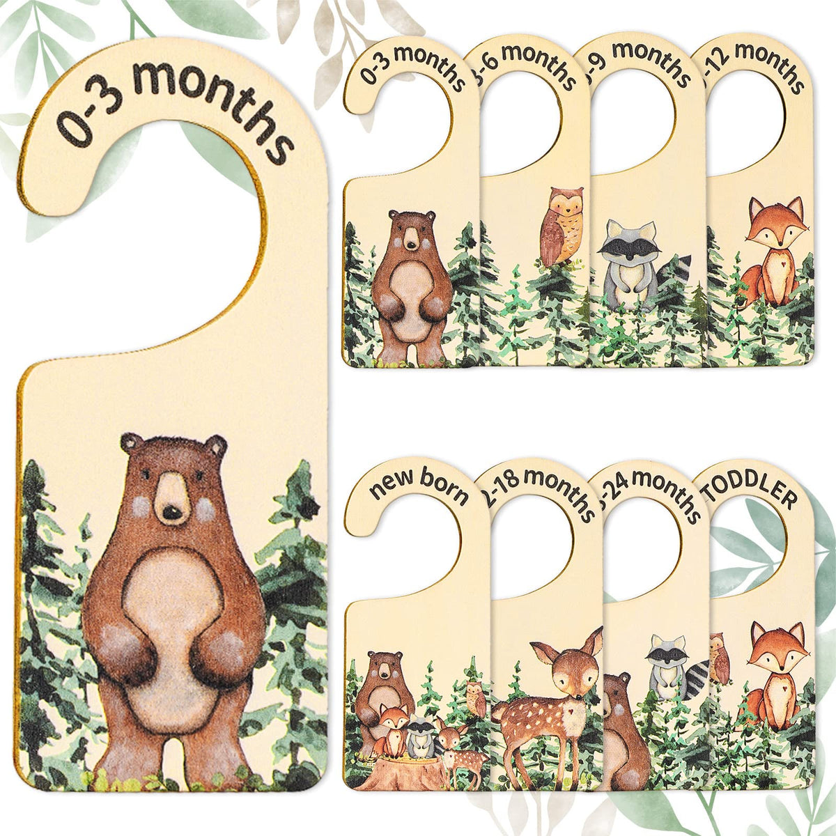 Whaline 8Pcs Baby Closet Size Dividers Woodland Design Hanging Wooden Baby Closet Organizer Newborn To 24 Months Thicken Baby Wardrobe Organizer For Home Nursery Baby Clothes Decor