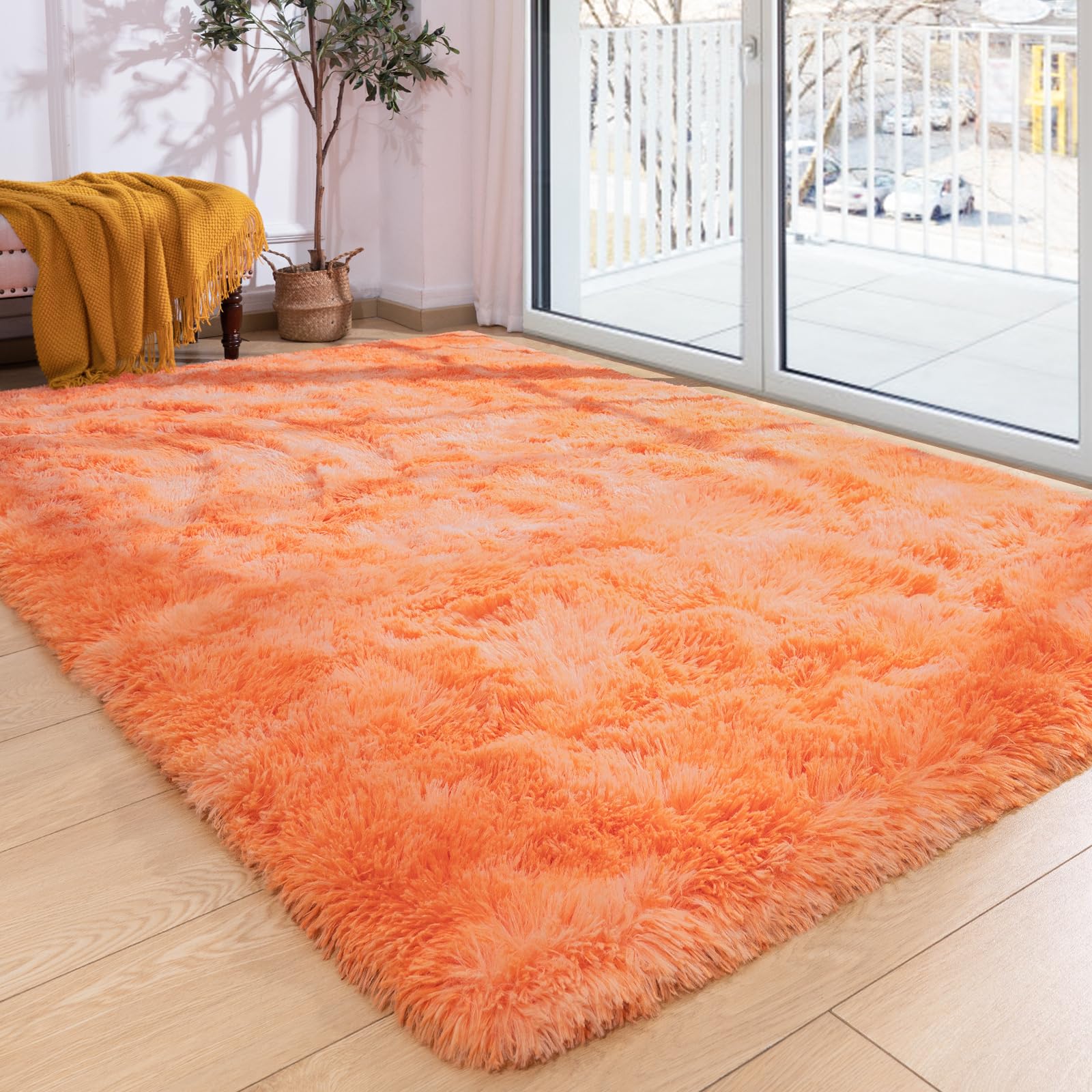 Softlife Area Rug for Living Room, 5x8 Feet Plush Fluffy Rug for Bedroom, Tie-Dyed Orange Furry Shag Rug for Aesthetic Room Deco