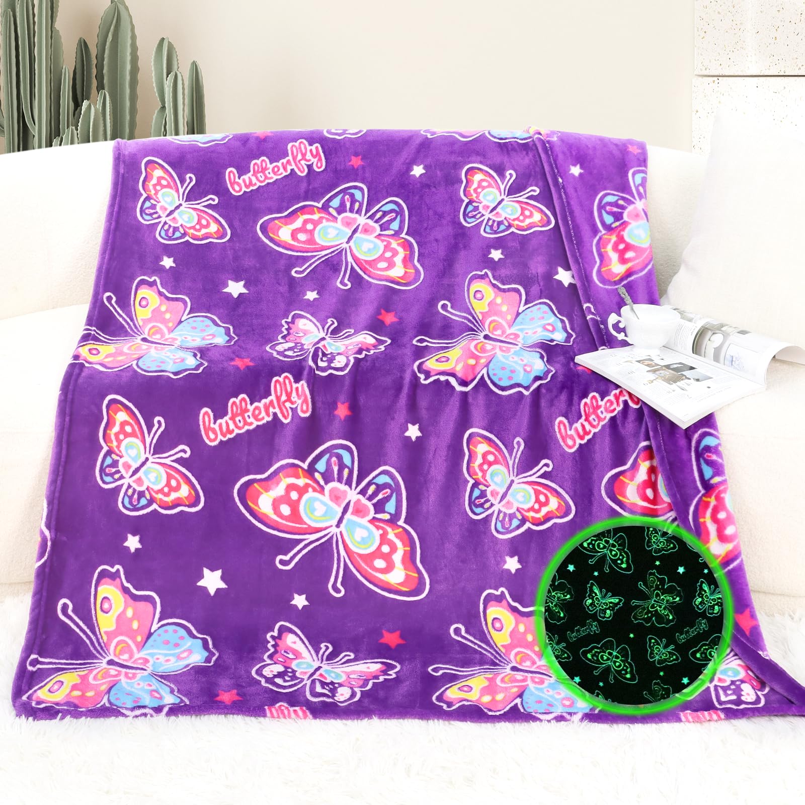 Glow In The Dark Blanket Butterfly Gifts For Girls Kids Soft Cozy Fleece Throw Blanket Birthday Easter Christmas Mothers Day Chi